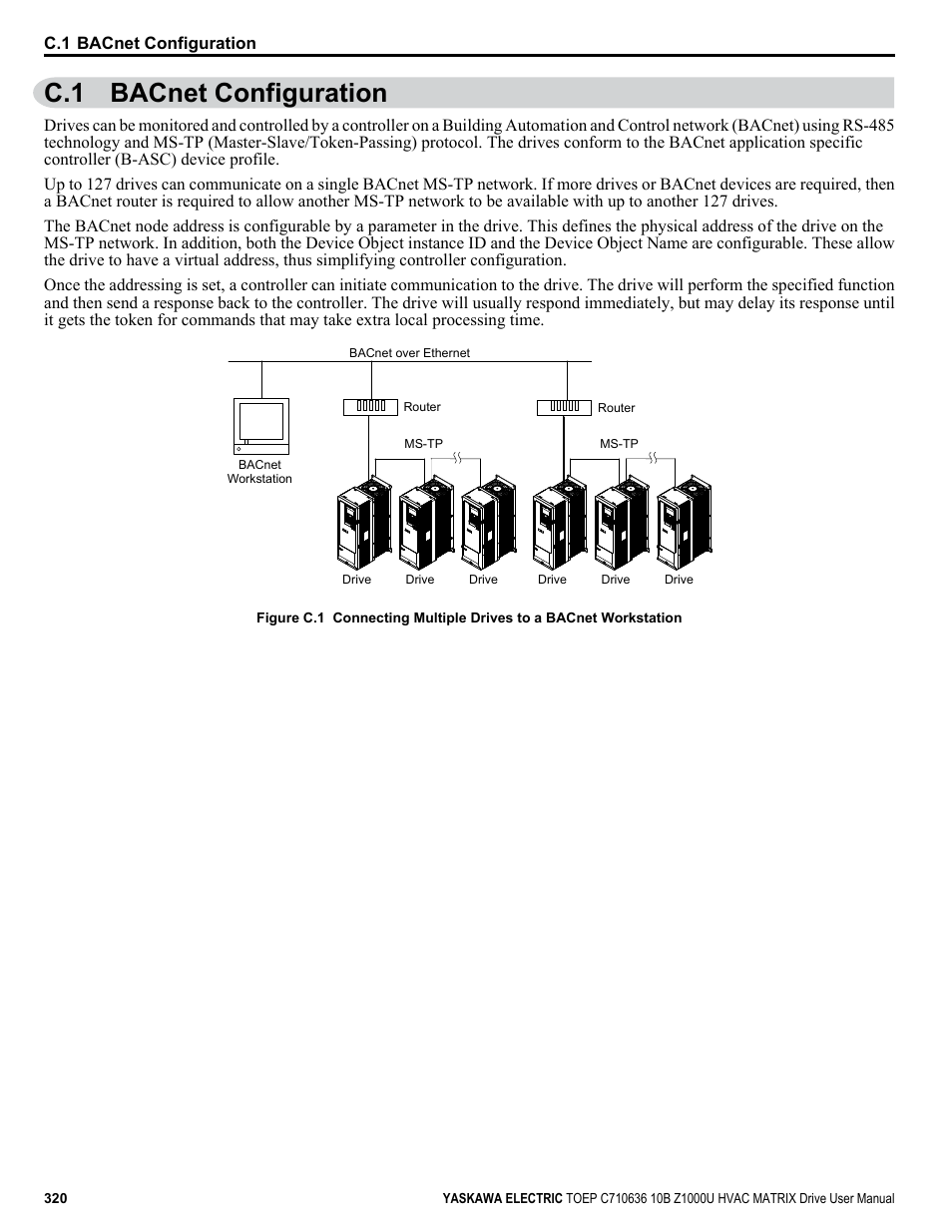 Bacnet configuration, C.1 bacnet configuration | Yaskawa Z1000U User Manual | Page 320 / 378