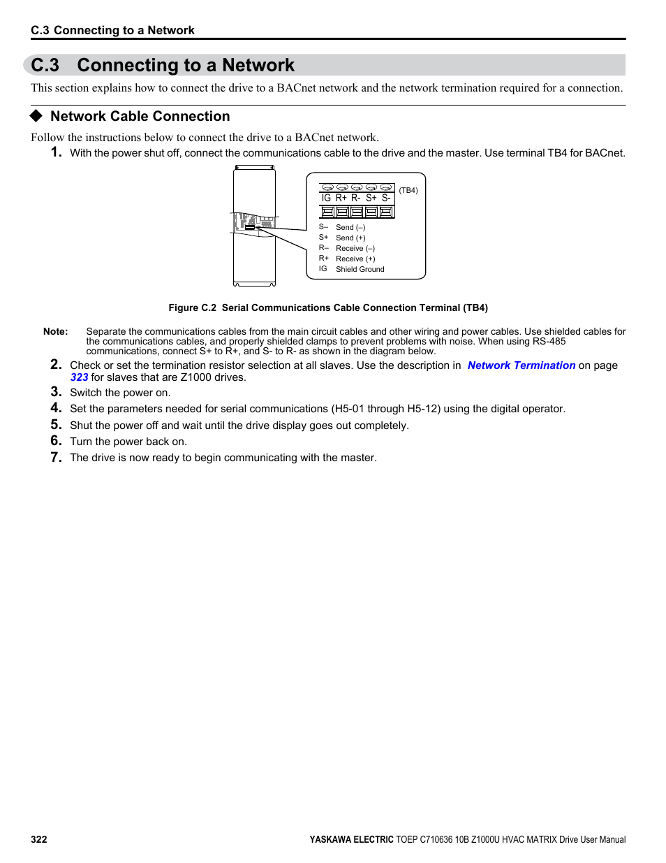 Connecting to a network, Network cable connection, C.3 connecting to a network | Yaskawa Z1000U User Manual | Page 322 / 378