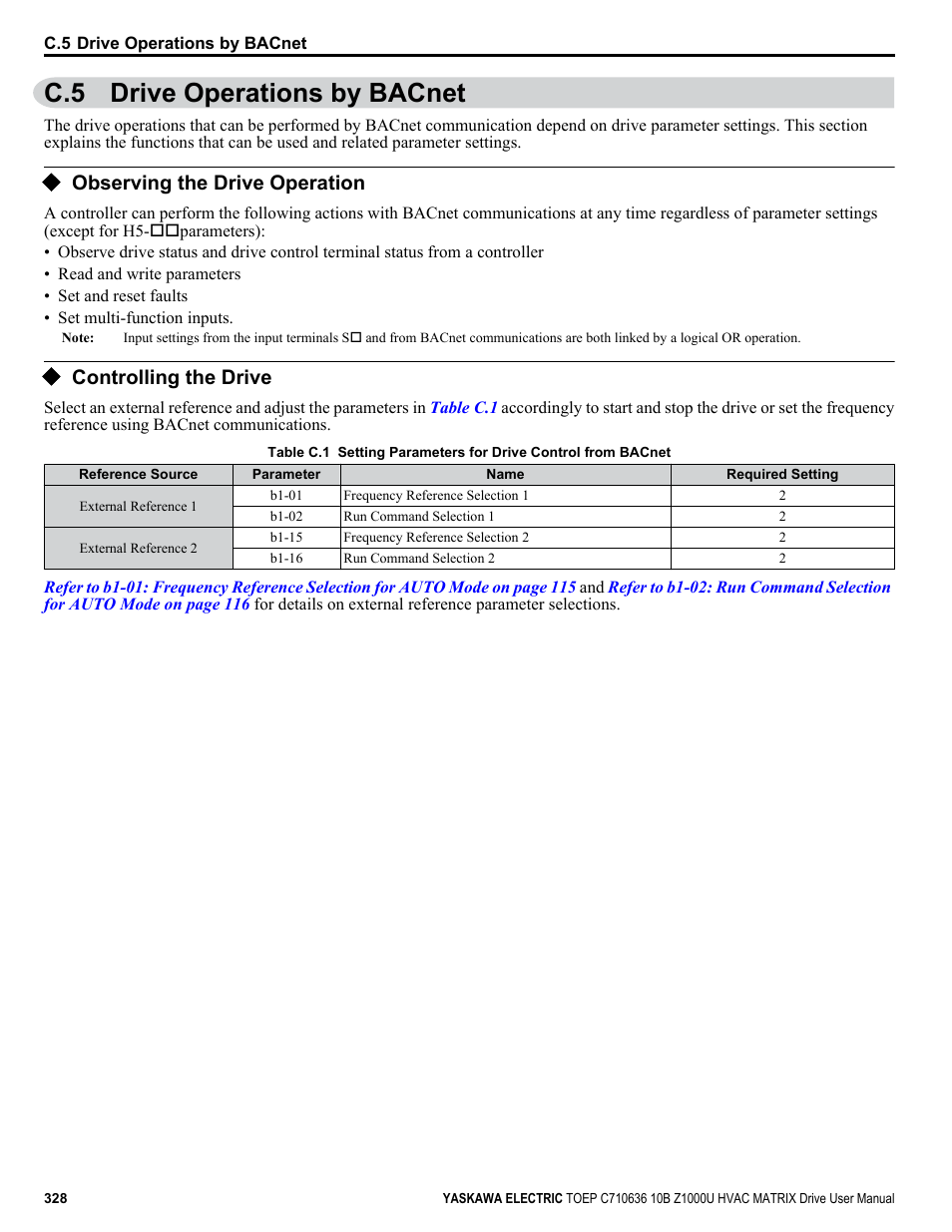 Drive operations by bacnet, Observing the drive operation, Controlling the drive | C.5 drive operations by bacnet | Yaskawa Z1000U User Manual | Page 328 / 378