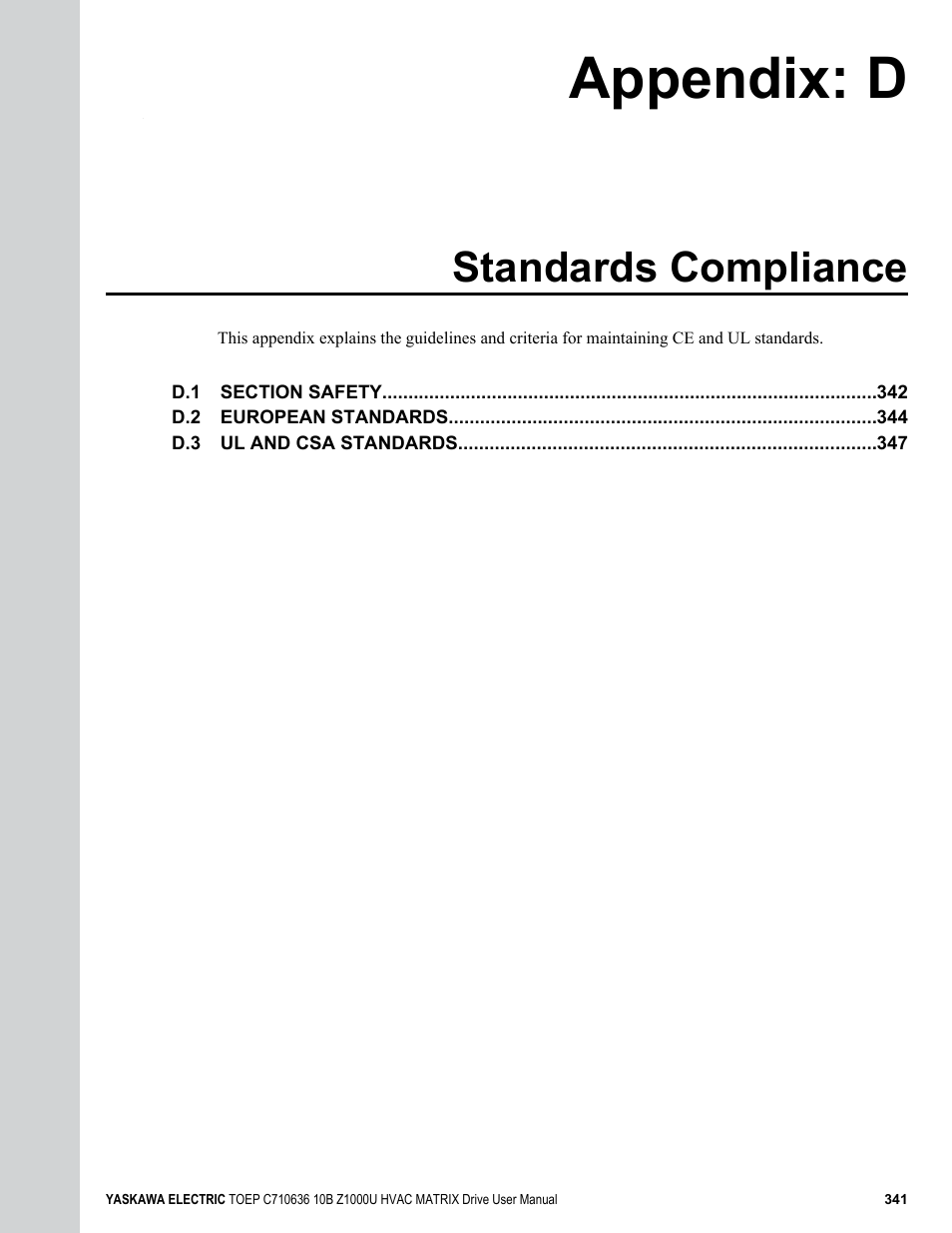 Standards compliance, D. standards compliance, Appendix: d | Yaskawa Z1000U User Manual | Page 341 / 378