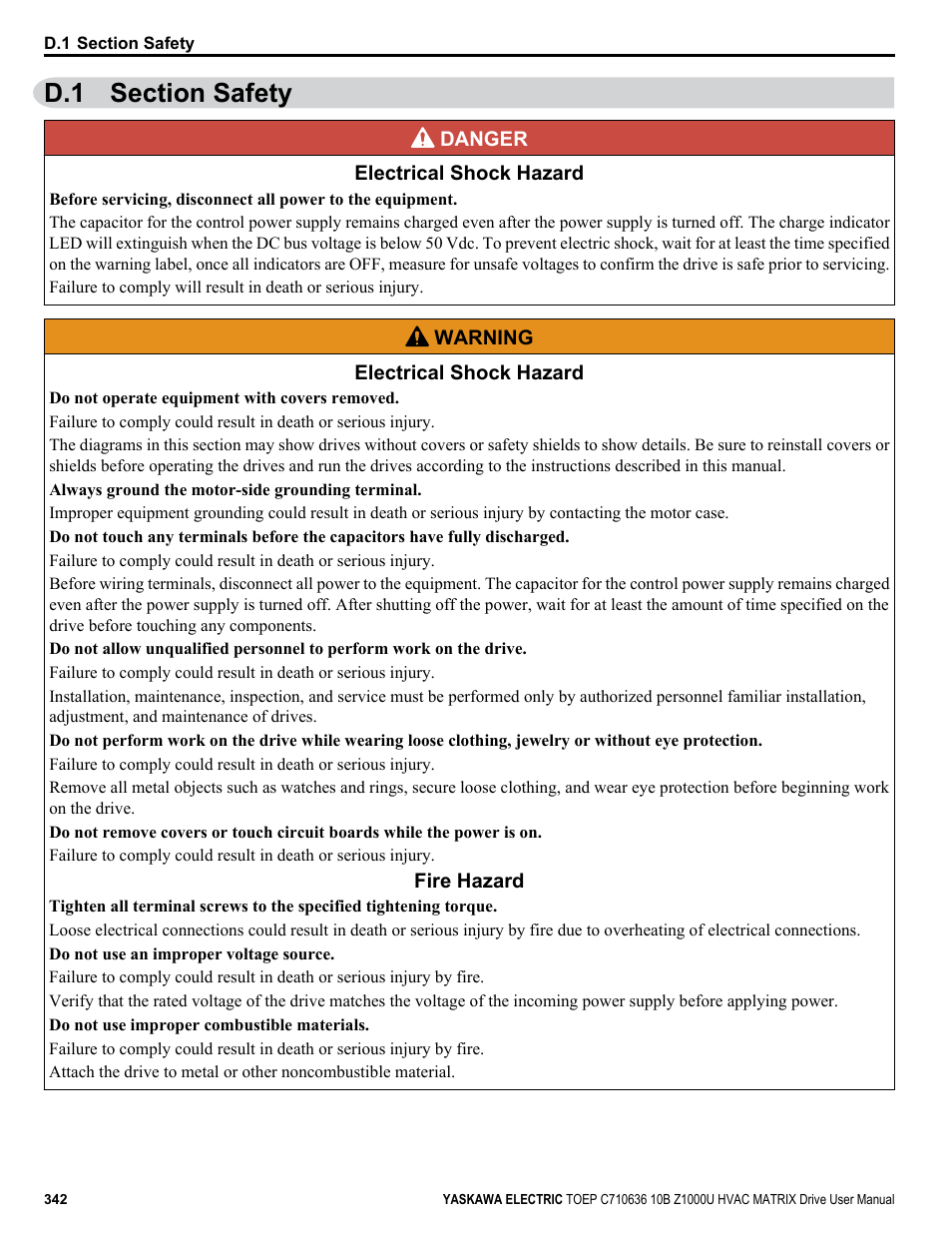 Section safety, D.1 section safety | Yaskawa Z1000U User Manual | Page 342 / 378