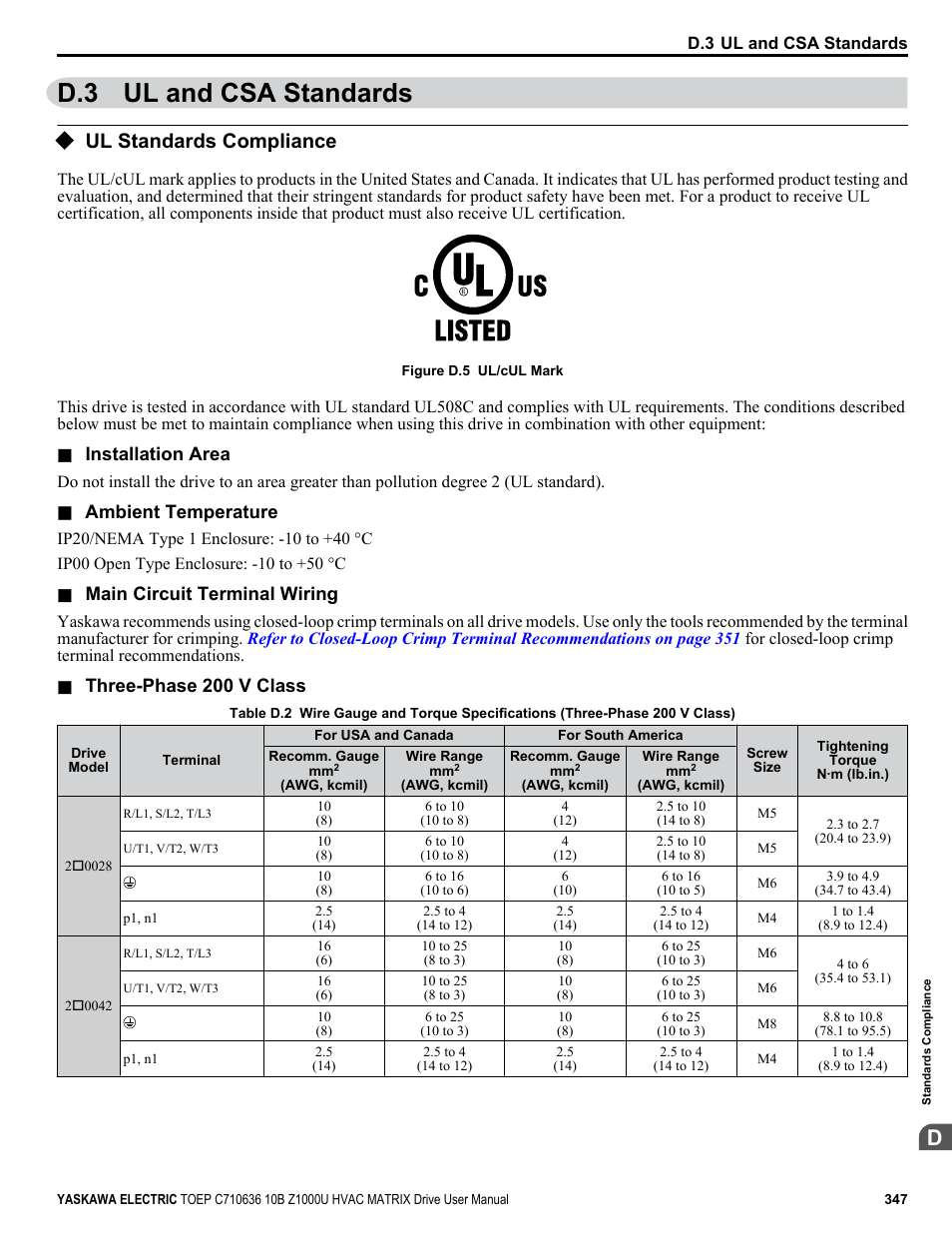 Ul and csa standards, Ul standards compliance, D.3 ul and csa standards | Yaskawa Z1000U User Manual | Page 347 / 378