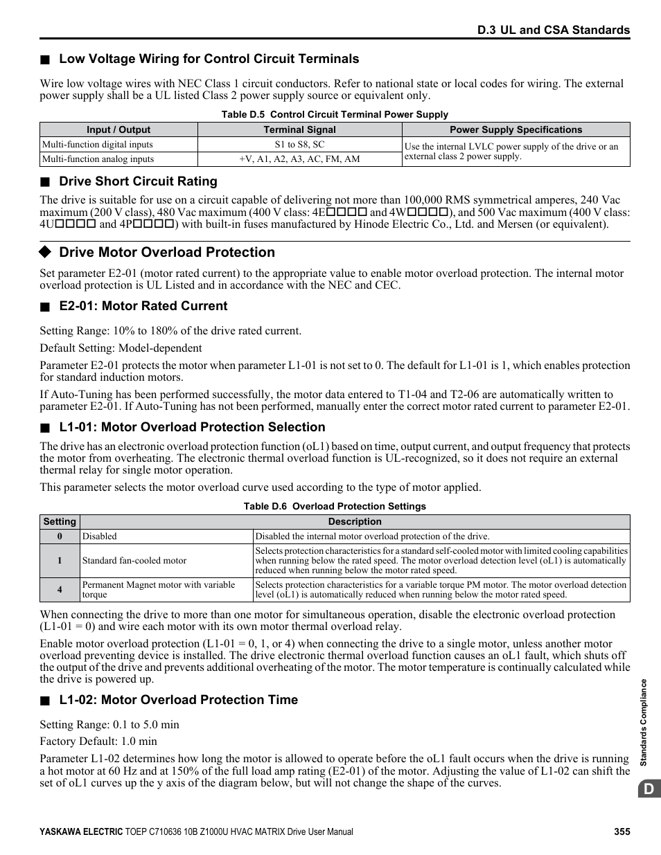 Drive motor overload protection | Yaskawa Z1000U User Manual | Page 355 / 378