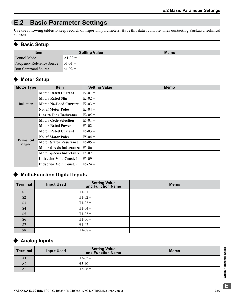 Basic parameter settings, Basic setup, Motor setup | Multi-function digital inputs, Analog inputs, E.2 basic parameter settings | Yaskawa Z1000U User Manual | Page 359 / 378