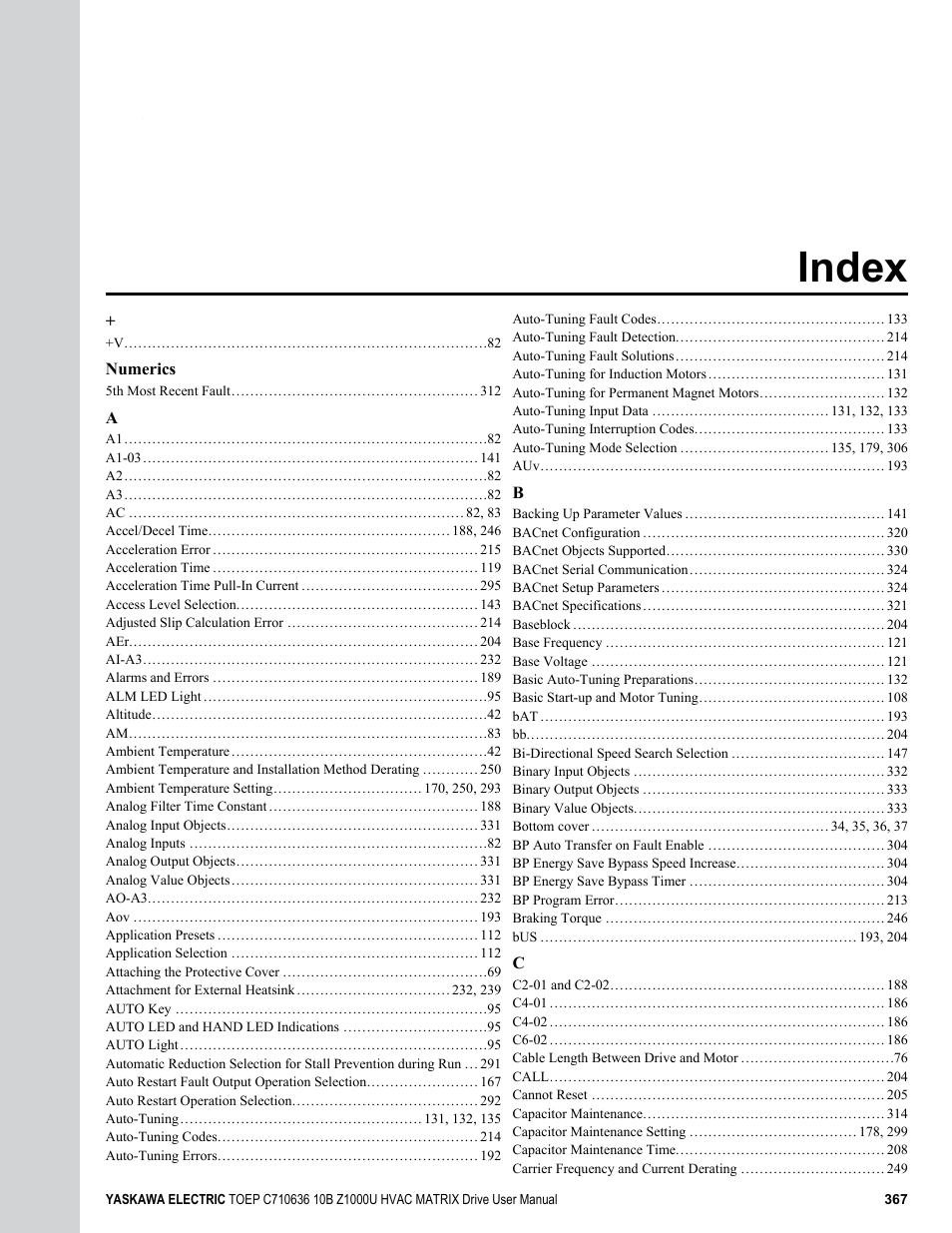 Index | Yaskawa Z1000U User Manual | Page 367 / 378