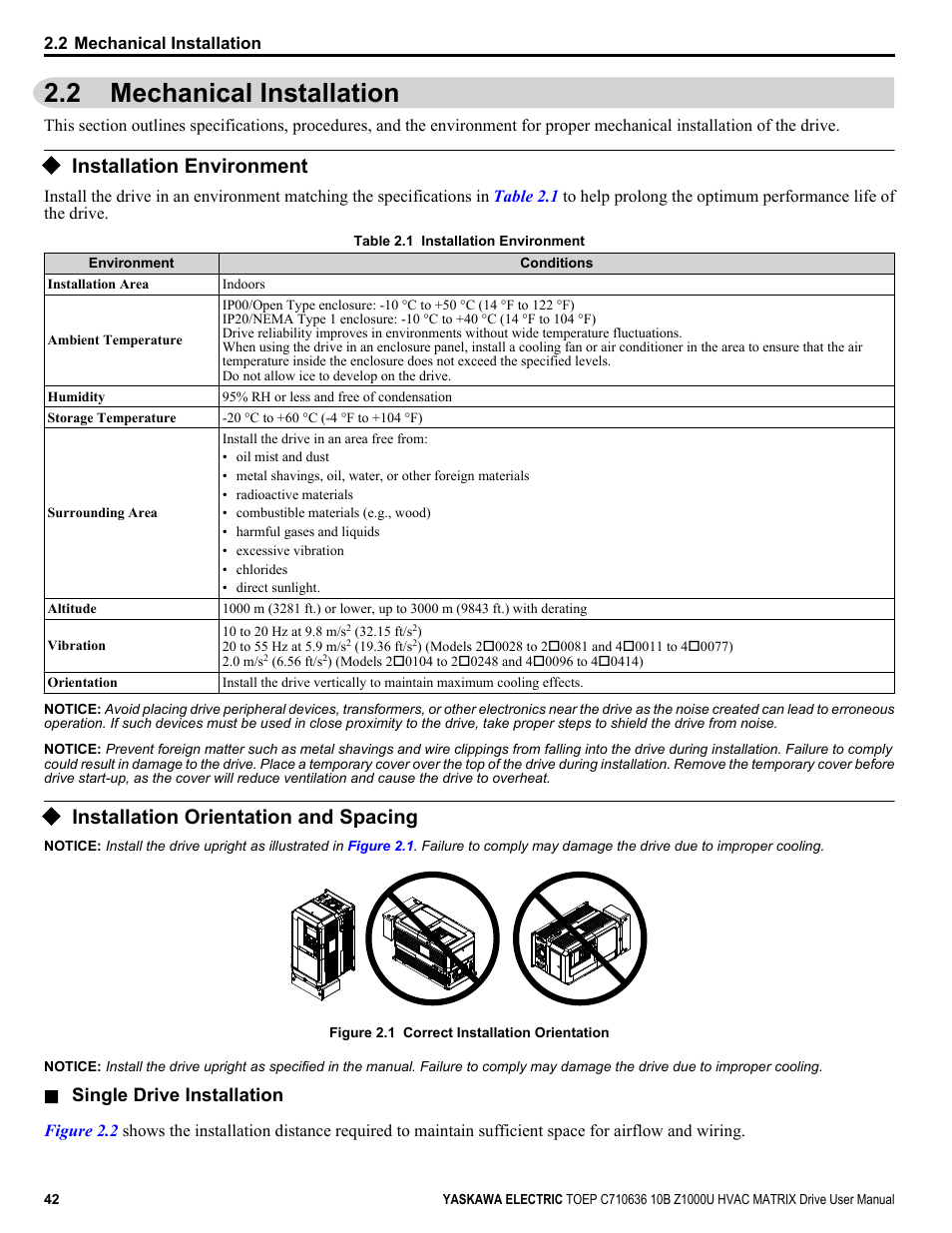 Mechanical installation, Installation environment, Installation orientation and spacing | 2 mechanical installation | Yaskawa Z1000U User Manual | Page 42 / 378