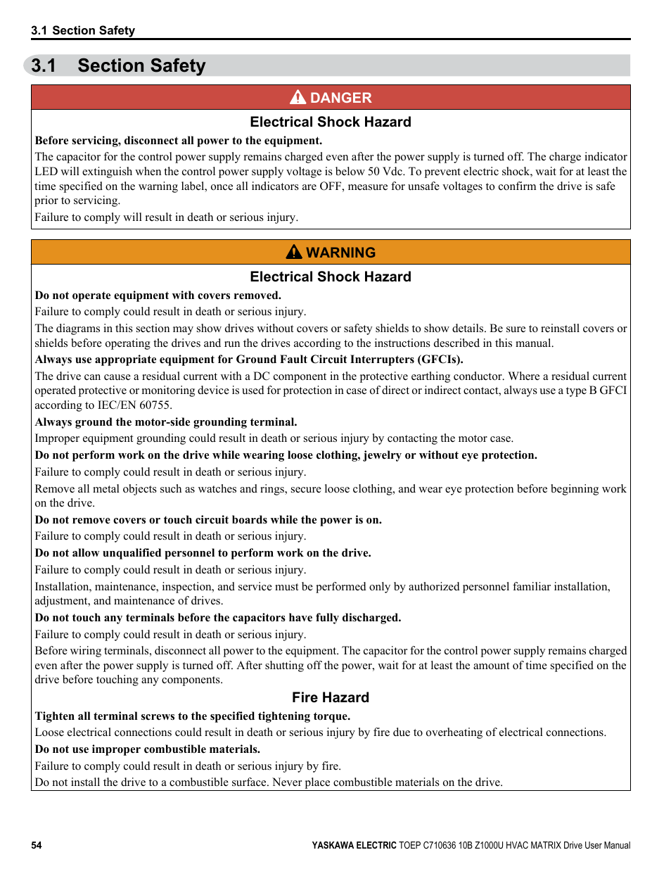 Section safety, 1 section safety | Yaskawa Z1000U User Manual | Page 54 / 378