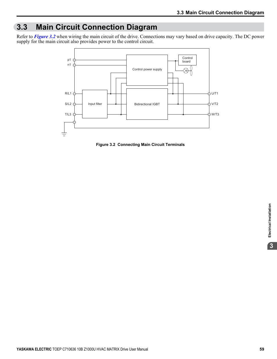 Main circuit connection diagram, 3 main circuit connection diagram | Yaskawa Z1000U User Manual | Page 59 / 378