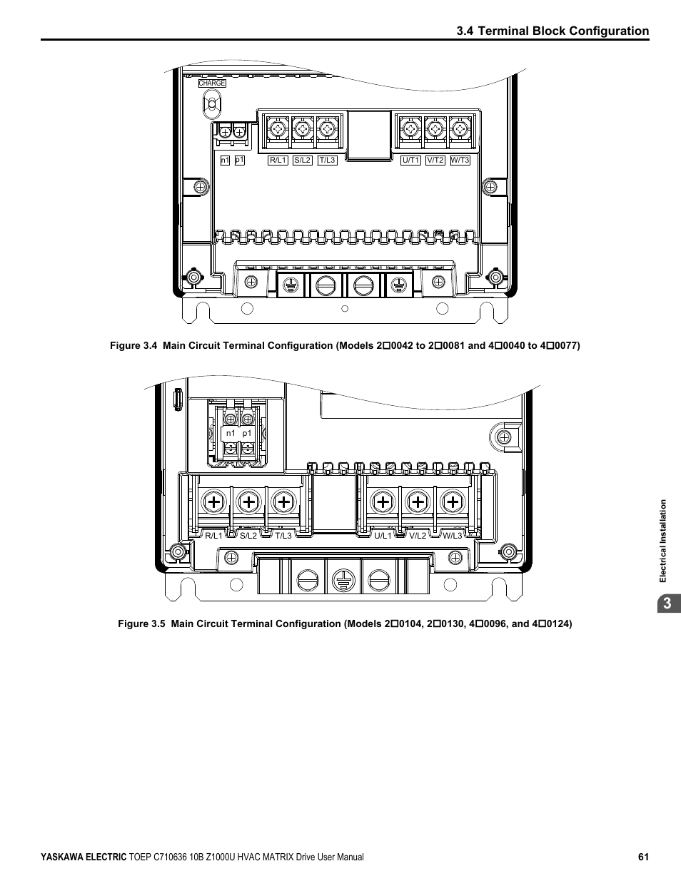 Figure 3.4, Figure 3.5, 4 terminal block configuration | Yaskawa Z1000U User Manual | Page 61 / 378