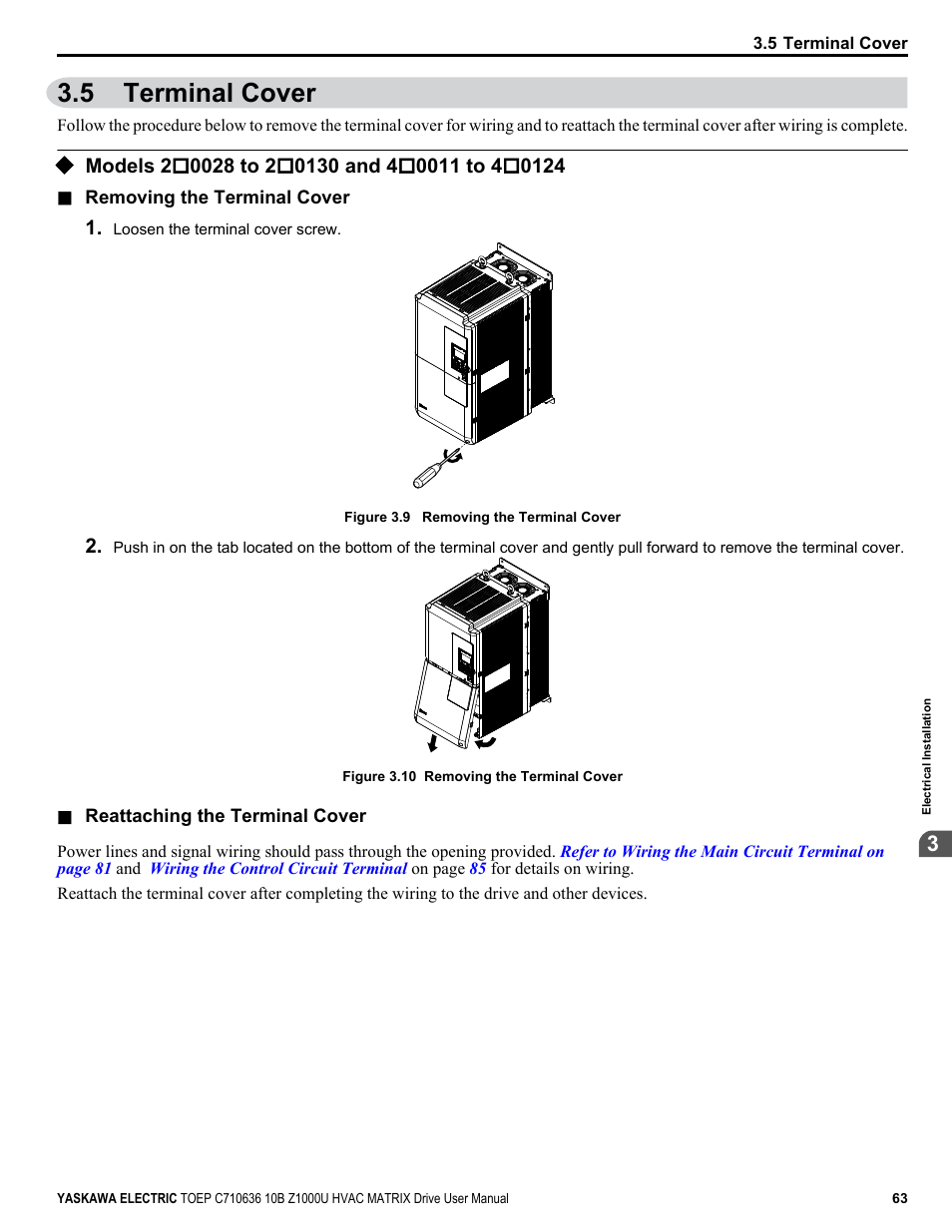 Terminal cover, Models 2, 5 terminal cover | Models 2o0028 to 2o0130 and 4o0011 to 4o0124 | Yaskawa Z1000U User Manual | Page 63 / 378