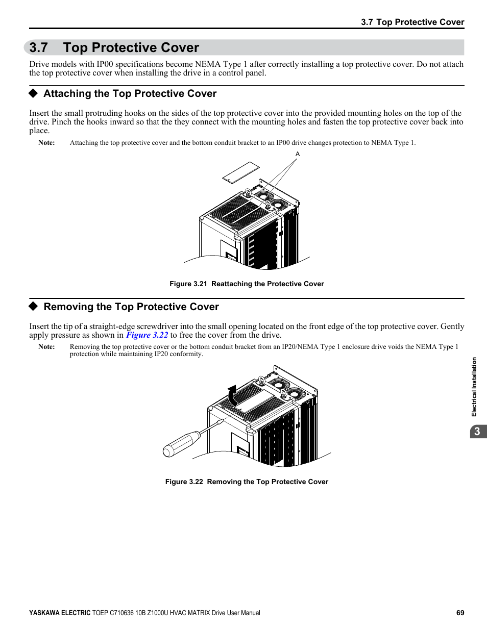 Top protective cover, Attaching the top protective cover, Removing the top protective cover | 7 top protective cover | Yaskawa Z1000U User Manual | Page 69 / 378