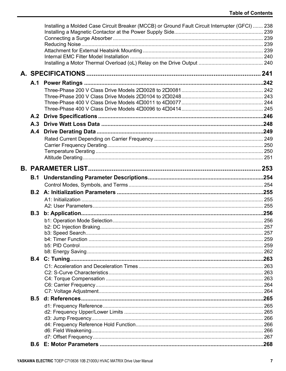 A. specifications, B. parameter list | Yaskawa Z1000U User Manual | Page 7 / 378