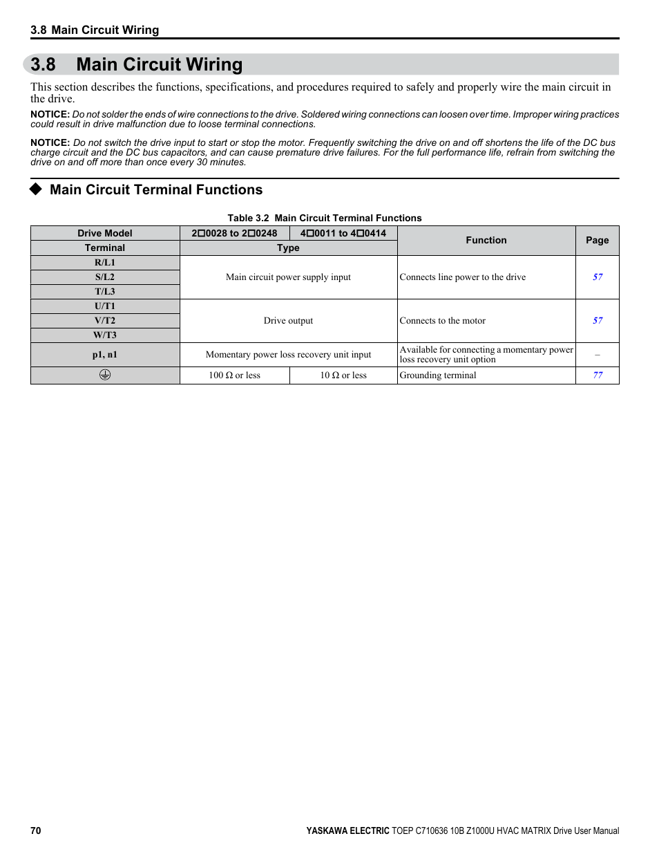 Main circuit wiring, Main circuit terminal functions, 8 main circuit wiring | Yaskawa Z1000U User Manual | Page 70 / 378