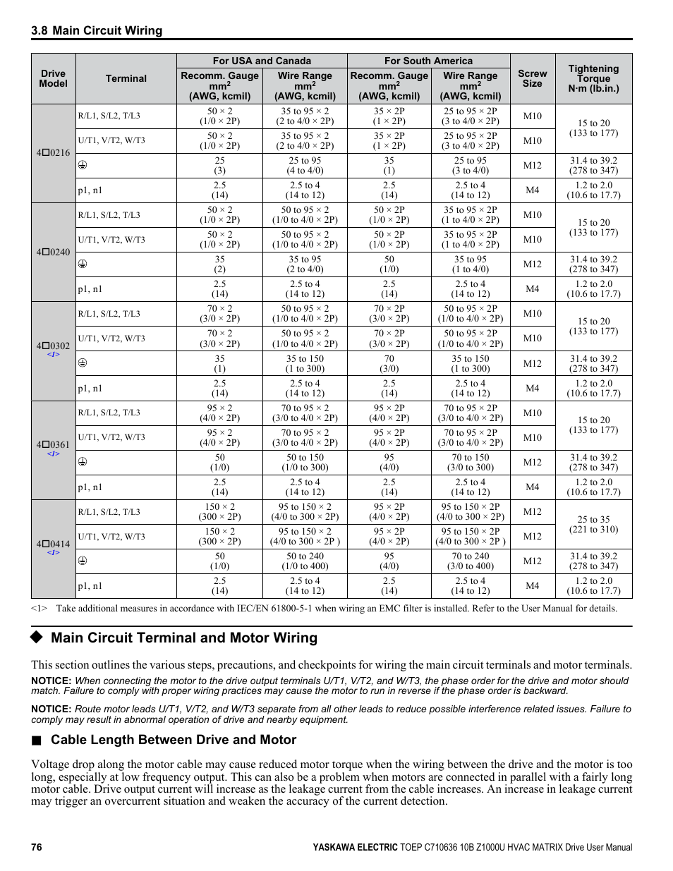 Main circuit terminal and motor wiring, Cable length between drive and motor | Yaskawa Z1000U User Manual | Page 76 / 378