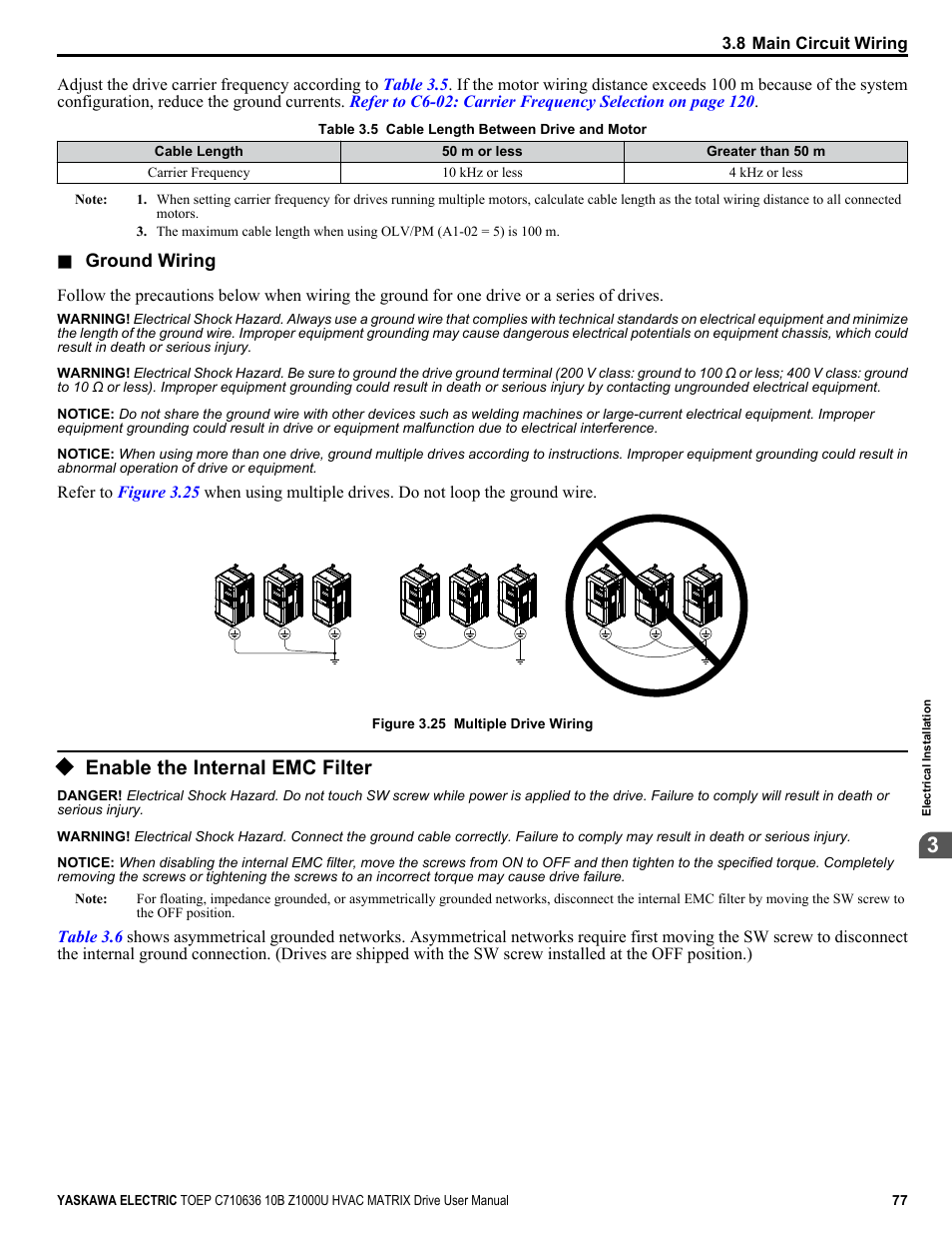 Enable the internal emc filter | Yaskawa Z1000U User Manual | Page 77 / 378