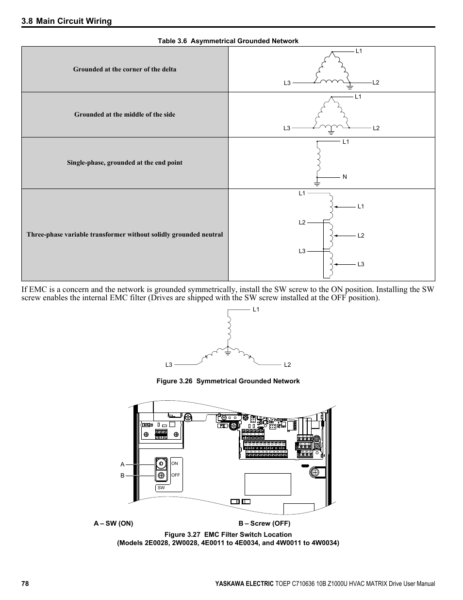 Table 3.6, 8 main circuit wiring | Yaskawa Z1000U User Manual | Page 78 / 378