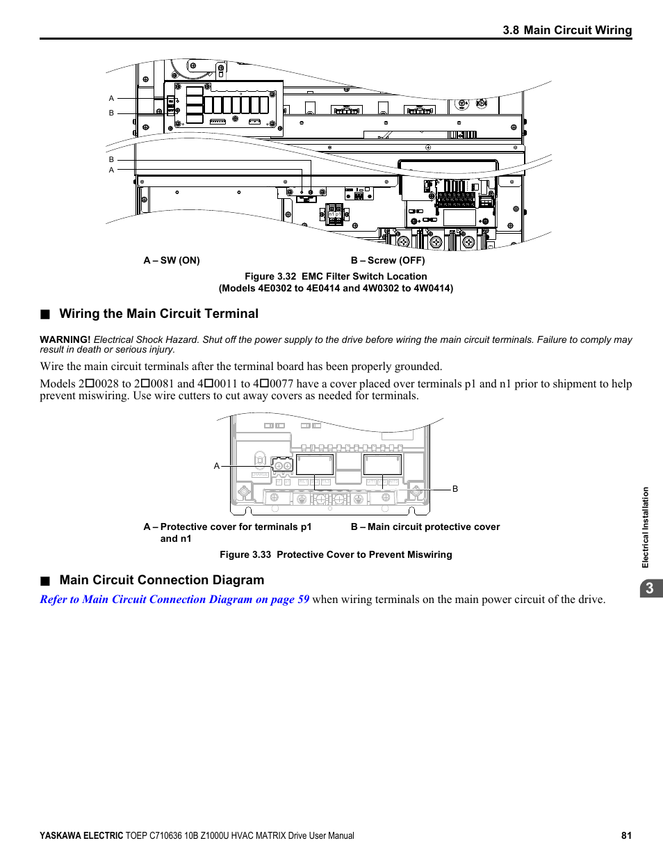 Refer to, Refer to wiring the main circuit terminal on, Cover | Refer to wiring, Wiring the main circuit terminal, Main circuit connection diagram | Yaskawa Z1000U User Manual | Page 81 / 378