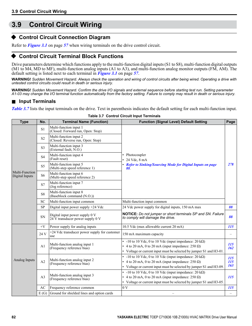 Control circuit wiring, Control circuit connection diagram, Control circuit terminal block functions | 9 control circuit wiring, Refer to control | Yaskawa Z1000U User Manual | Page 82 / 378