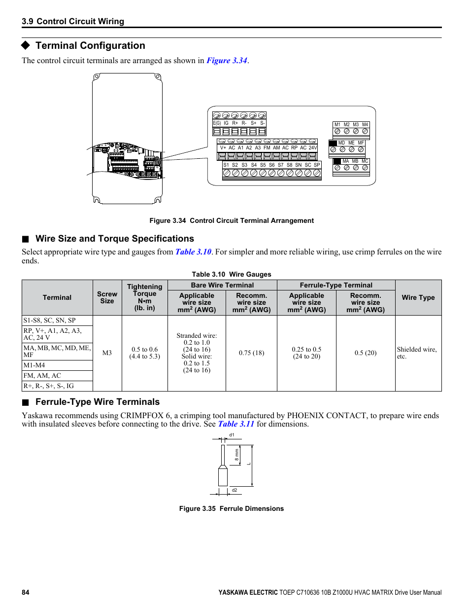 Terminal configuration, Wire size and torque specifications, Ferrule-type wire terminals | 9 control circuit wiring | Yaskawa Z1000U User Manual | Page 84 / 378