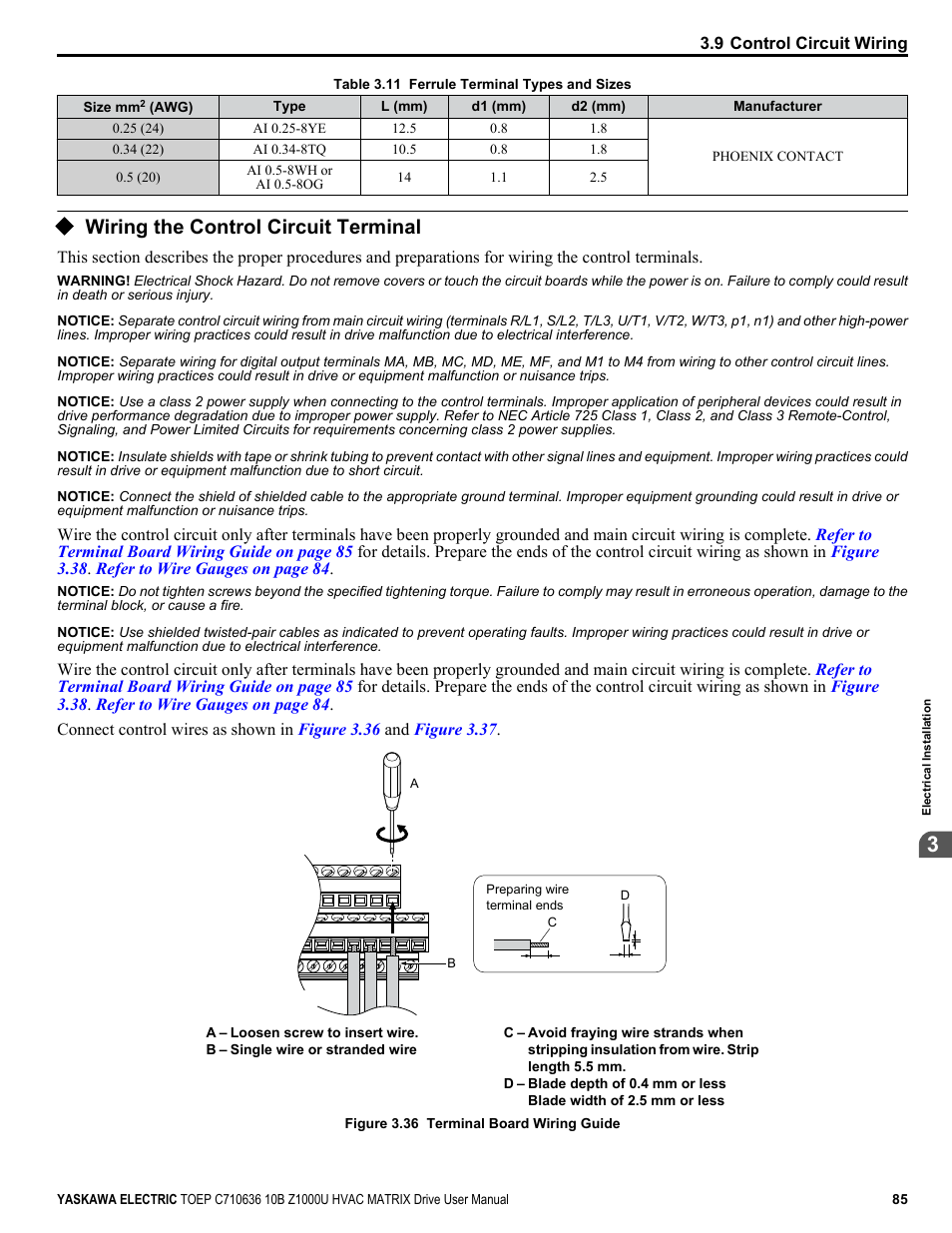Wiring the control circuit terminal, For details on wiring, Table 3.11 | For dimensions | Yaskawa Z1000U User Manual | Page 85 / 378