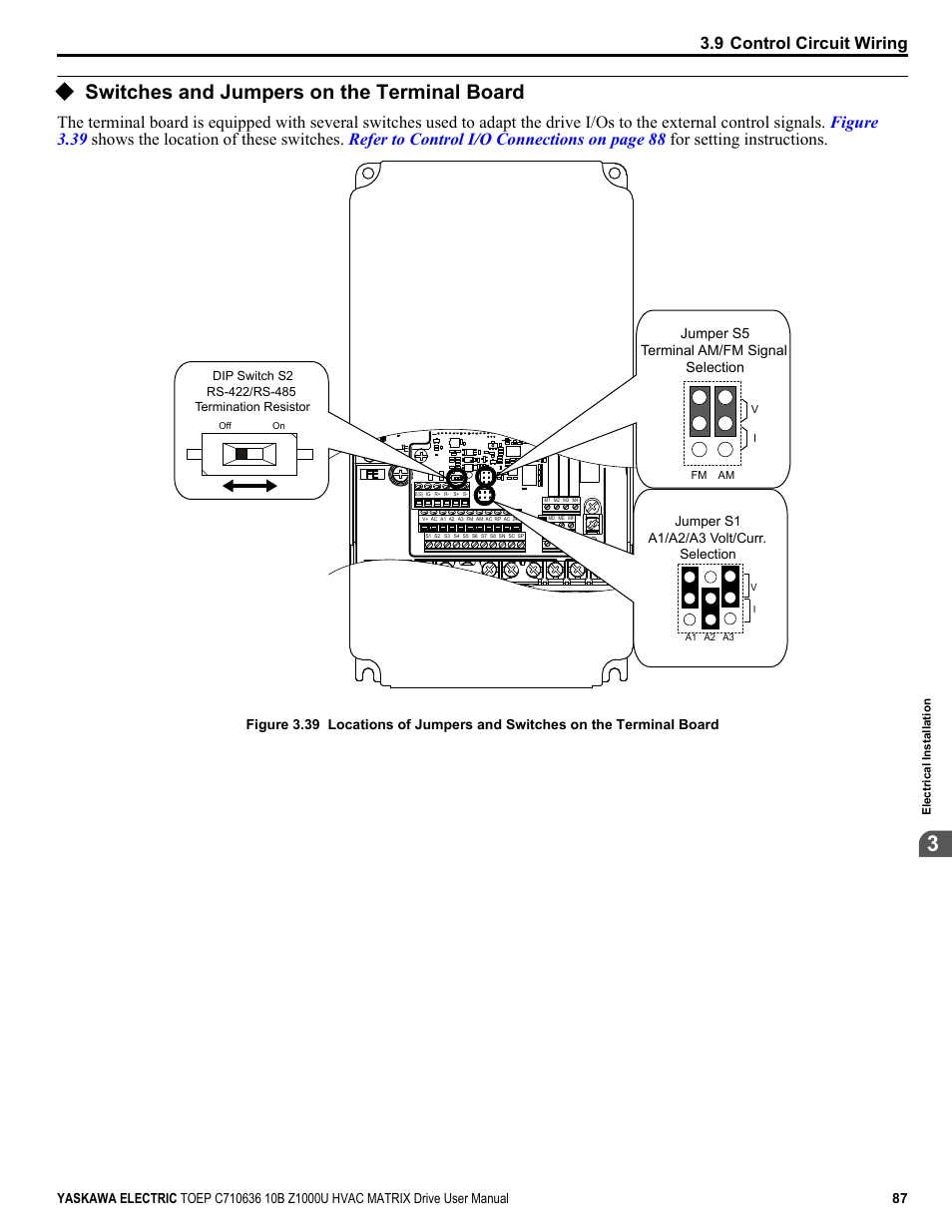 Switches and jumpers on the terminal board, 9 control circuit wiring | Yaskawa Z1000U User Manual | Page 87 / 378
