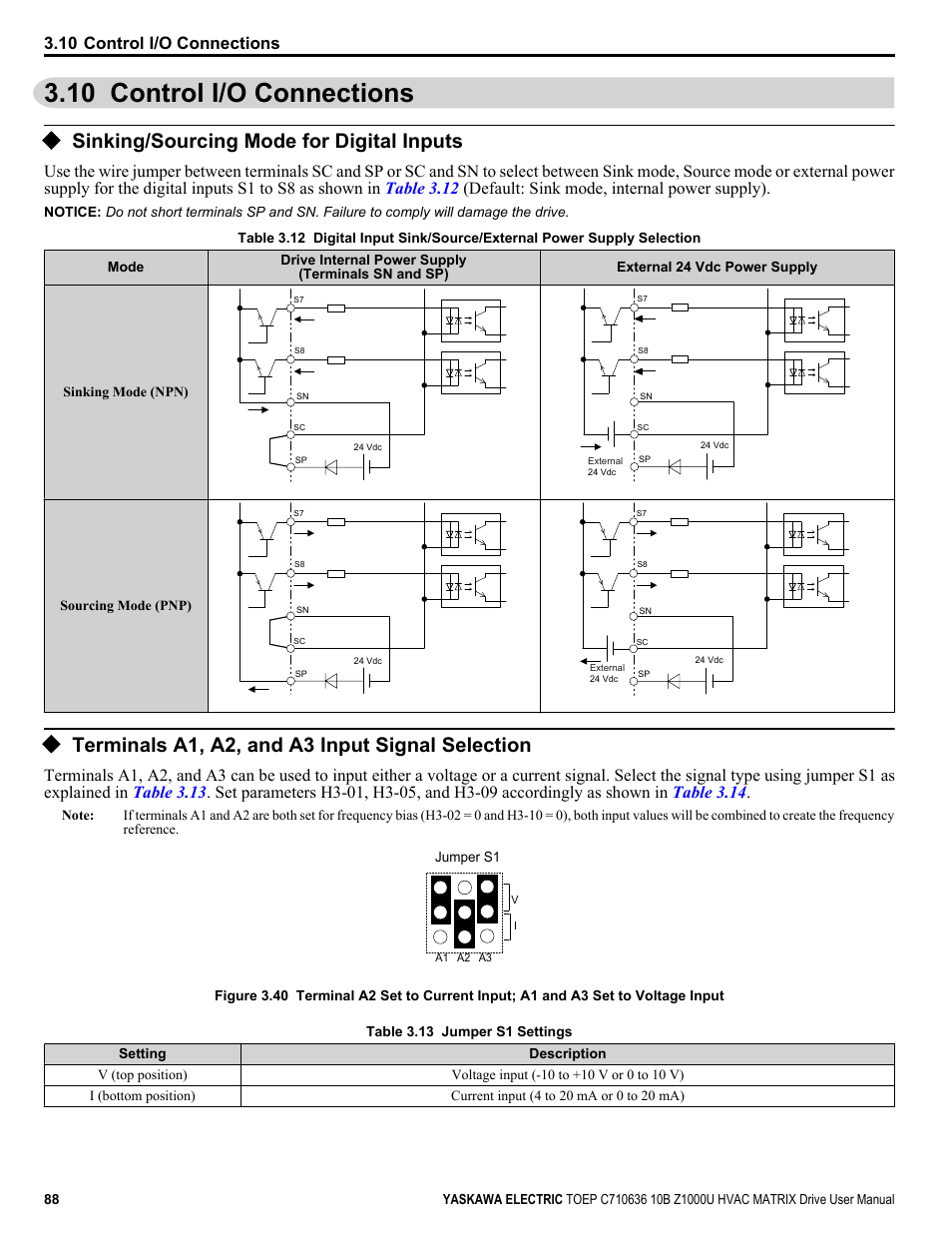 Control i/o connections, Sinking/sourcing mode for digital inputs, Terminals a1, a2, and a3 input signal selection | 10 control i/o connections, Shows the location of these switches | Yaskawa Z1000U User Manual | Page 88 / 378