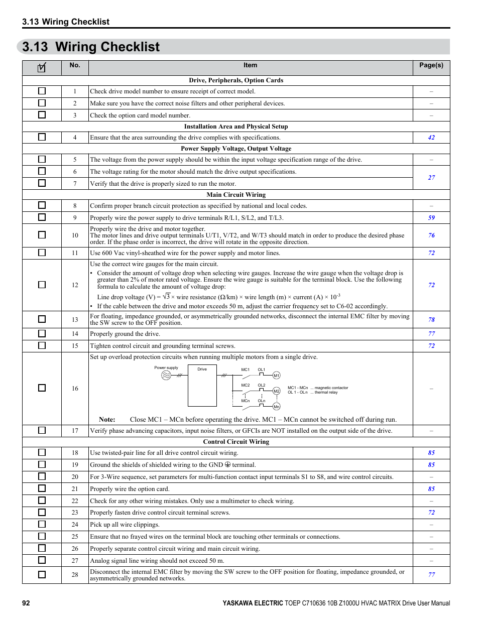 Wiring checklist, 13 wiring checklist | Yaskawa Z1000U User Manual | Page 92 / 378