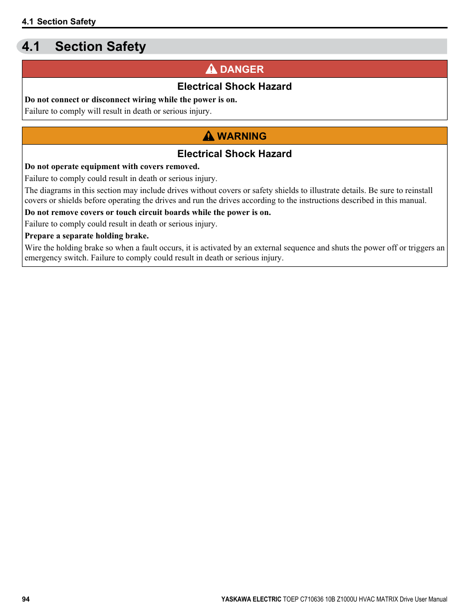 Section safety, 1 section safety | Yaskawa Z1000U User Manual | Page 94 / 378
