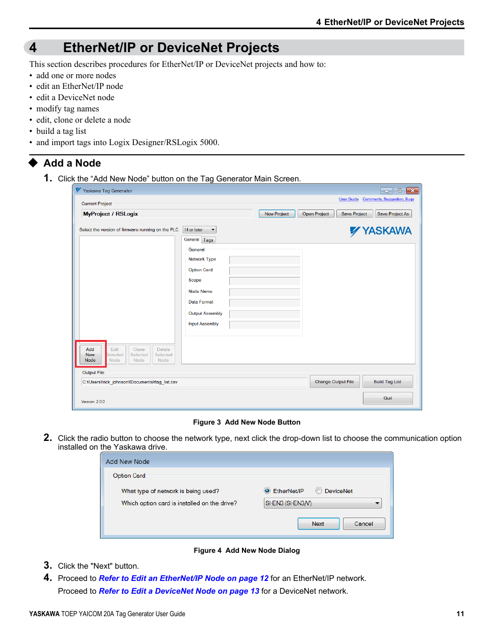 Ethernet/ip or devicenet projects, Add a node, 4ethernet/ip or devicenet projects | Yaskawa Tag Generator User Manual | Page 11 / 30