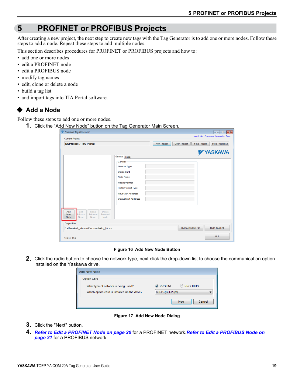 Profinet or profibus projects, Add a node, 5profinet or profibus projects | Yaskawa Tag Generator User Manual | Page 19 / 30