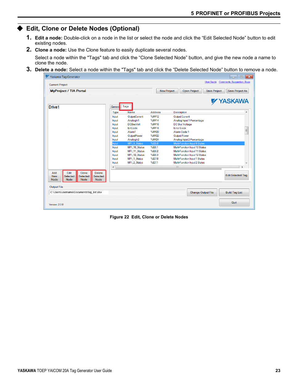 Edit, clone or delete nodes (optional), Edit, clone or delete nodes (optional) 1 | Yaskawa Tag Generator User Manual | Page 23 / 30