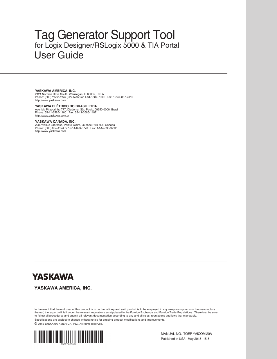 Tag generator support tool, User guide, For logix designer/rslogix 5000 & tia portal | Yaskawa Tag Generator User Manual | Page 30 / 30
