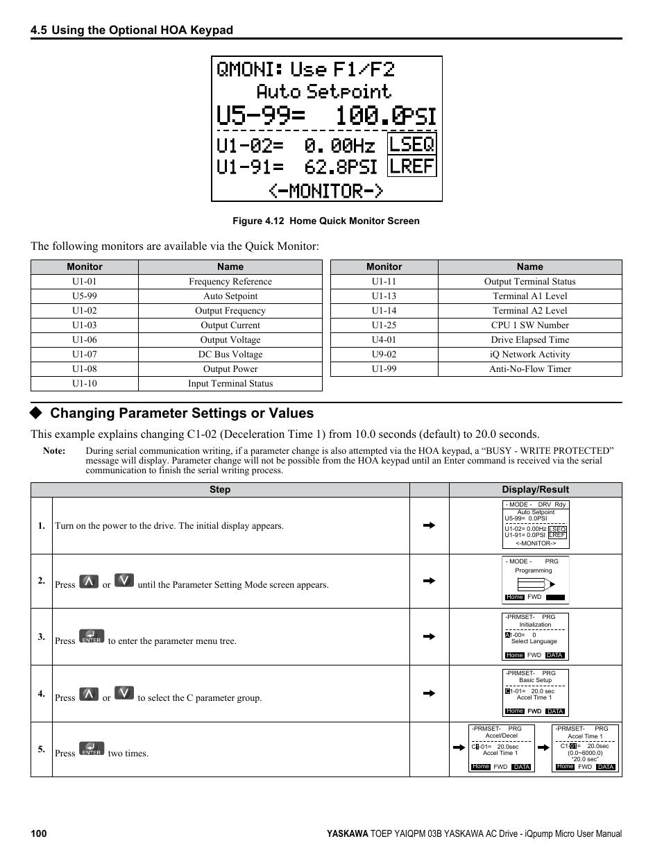 Changing parameter settings or values, 5 using the optional hoa keypad | Yaskawa iQpump Micro User Manual | Page 100 / 300