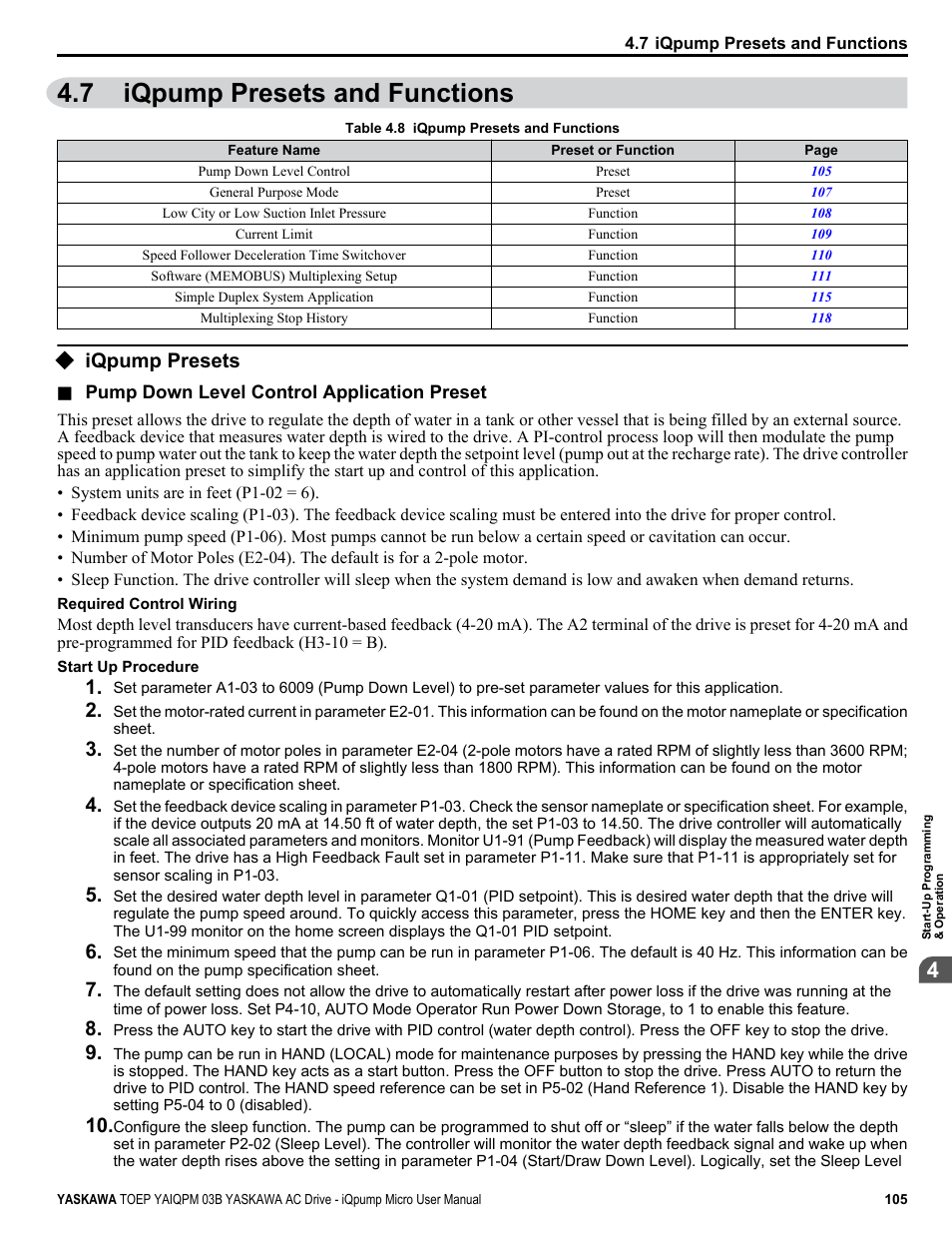 Iqpump presets and functions, Iqpump presets, 7 iqpump presets and functions | Yaskawa iQpump Micro User Manual | Page 105 / 300