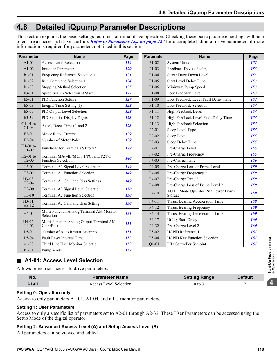 Detailed iqpump parameter descriptions, 8 detailed iqpump parameter descriptions, A1-01: access level selection | Yaskawa iQpump Micro User Manual | Page 119 / 300