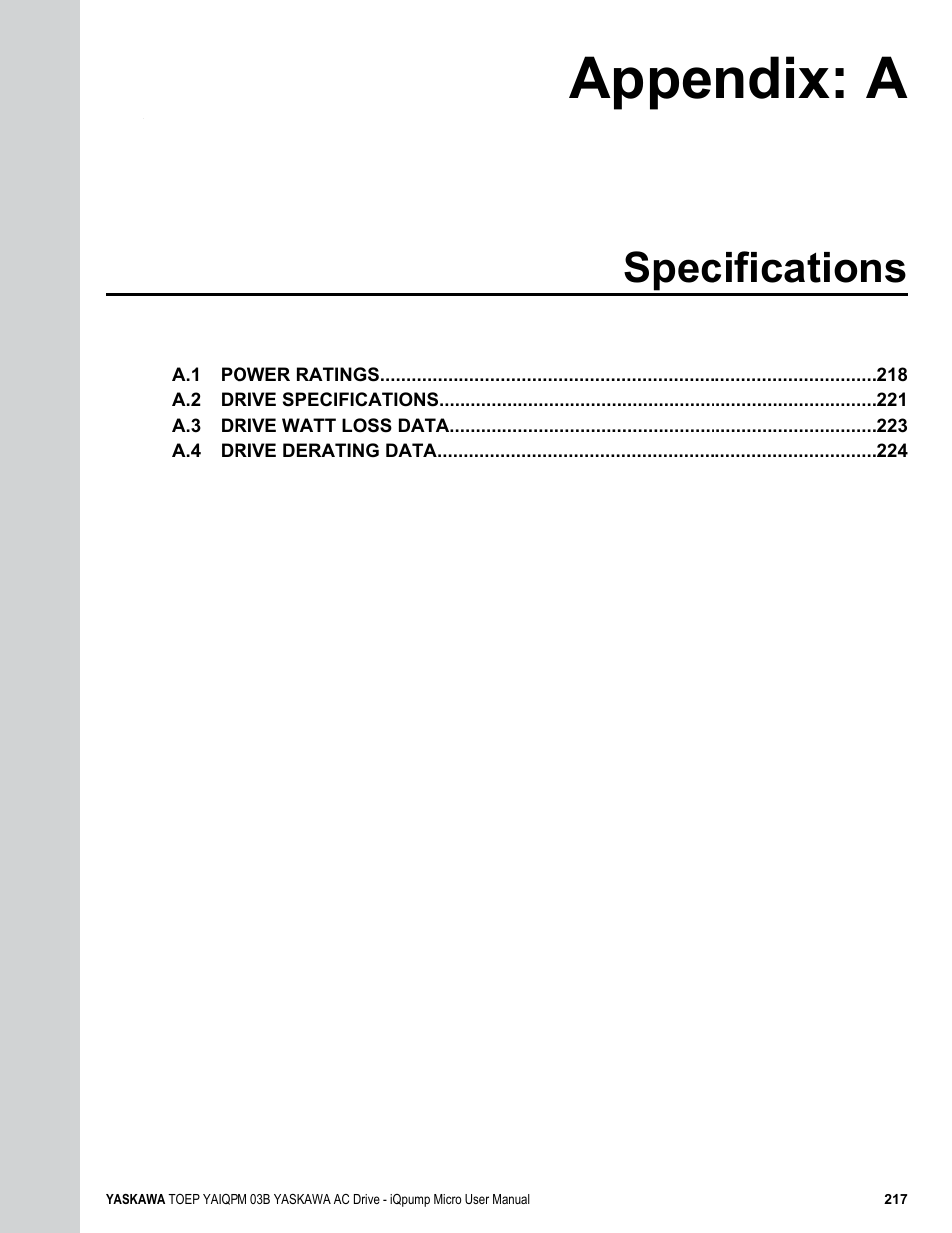 Specifications, A. specifications, Appendix: a | Yaskawa iQpump Micro User Manual | Page 217 / 300