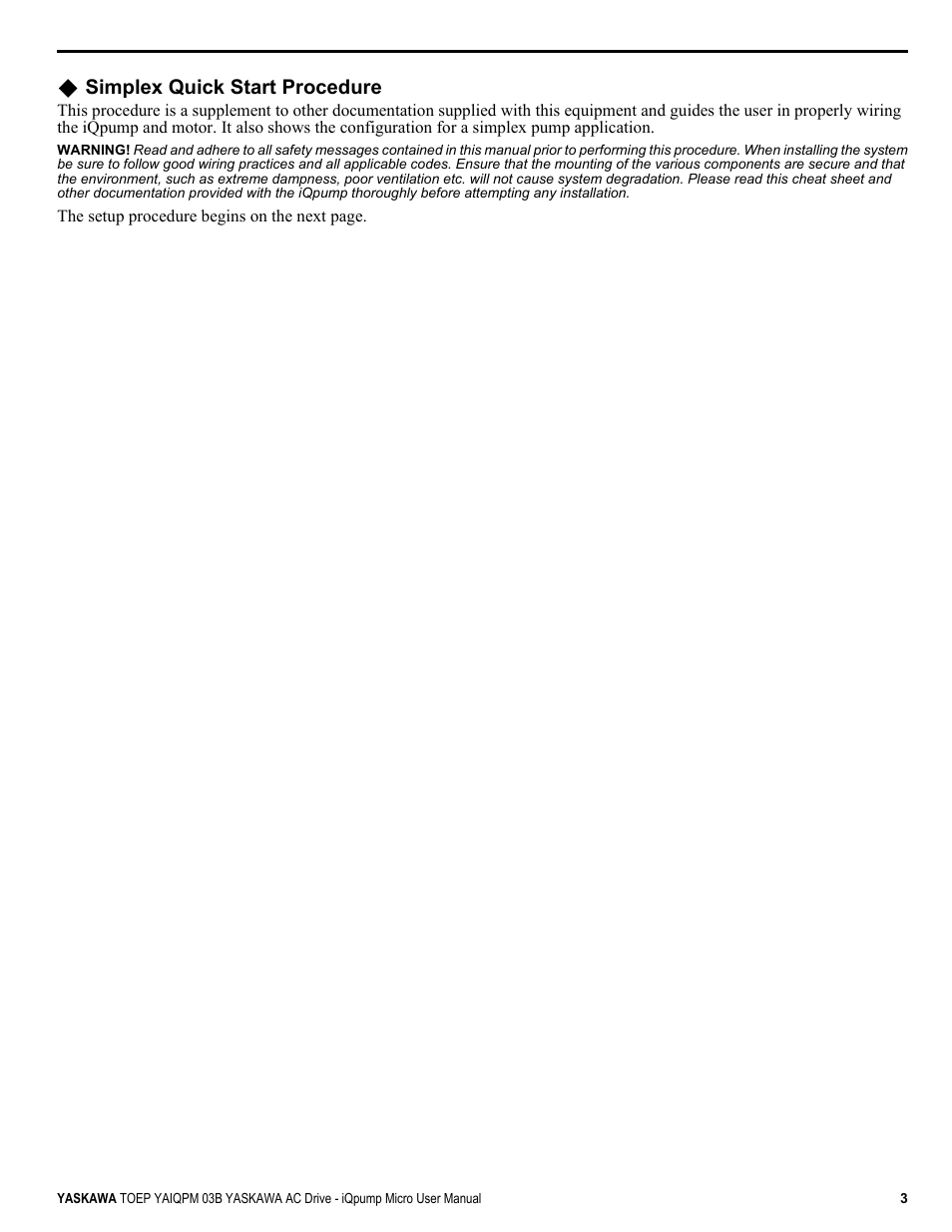 Simplex quick start procedure | Yaskawa iQpump Micro User Manual | Page 3 / 300