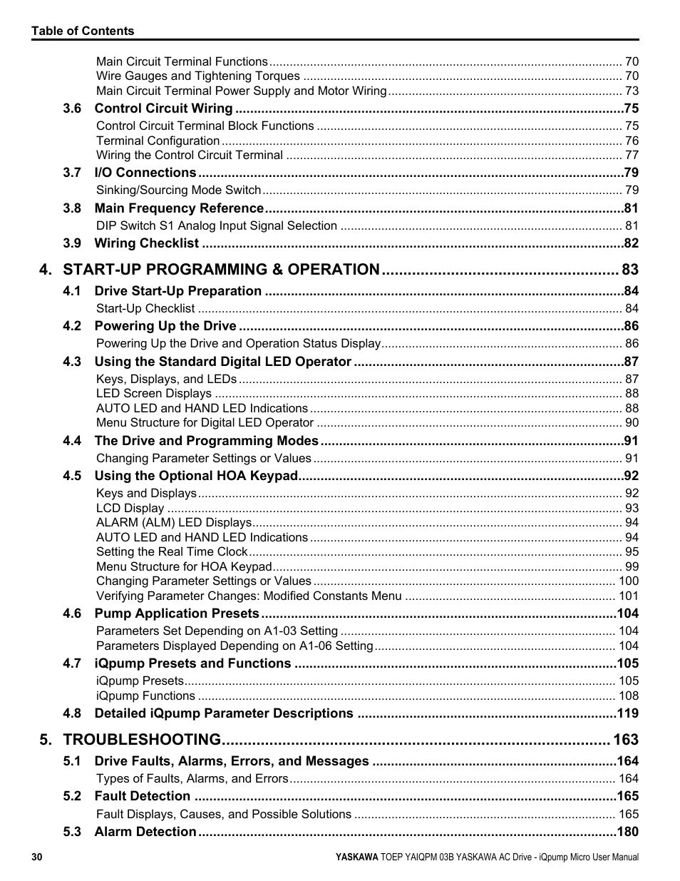 Start-up programming & operation, Troubleshooting | Yaskawa iQpump Micro User Manual | Page 30 / 300