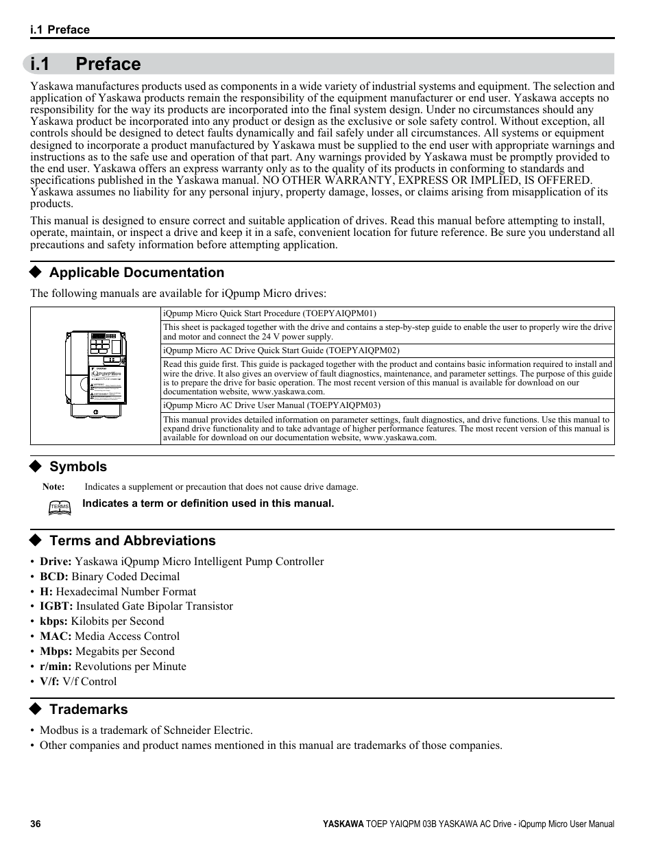 Preface, Applicable documentation, Symbols | Terms and abbreviations, Trademarks, I.1 preface | Yaskawa iQpump Micro User Manual | Page 36 / 300