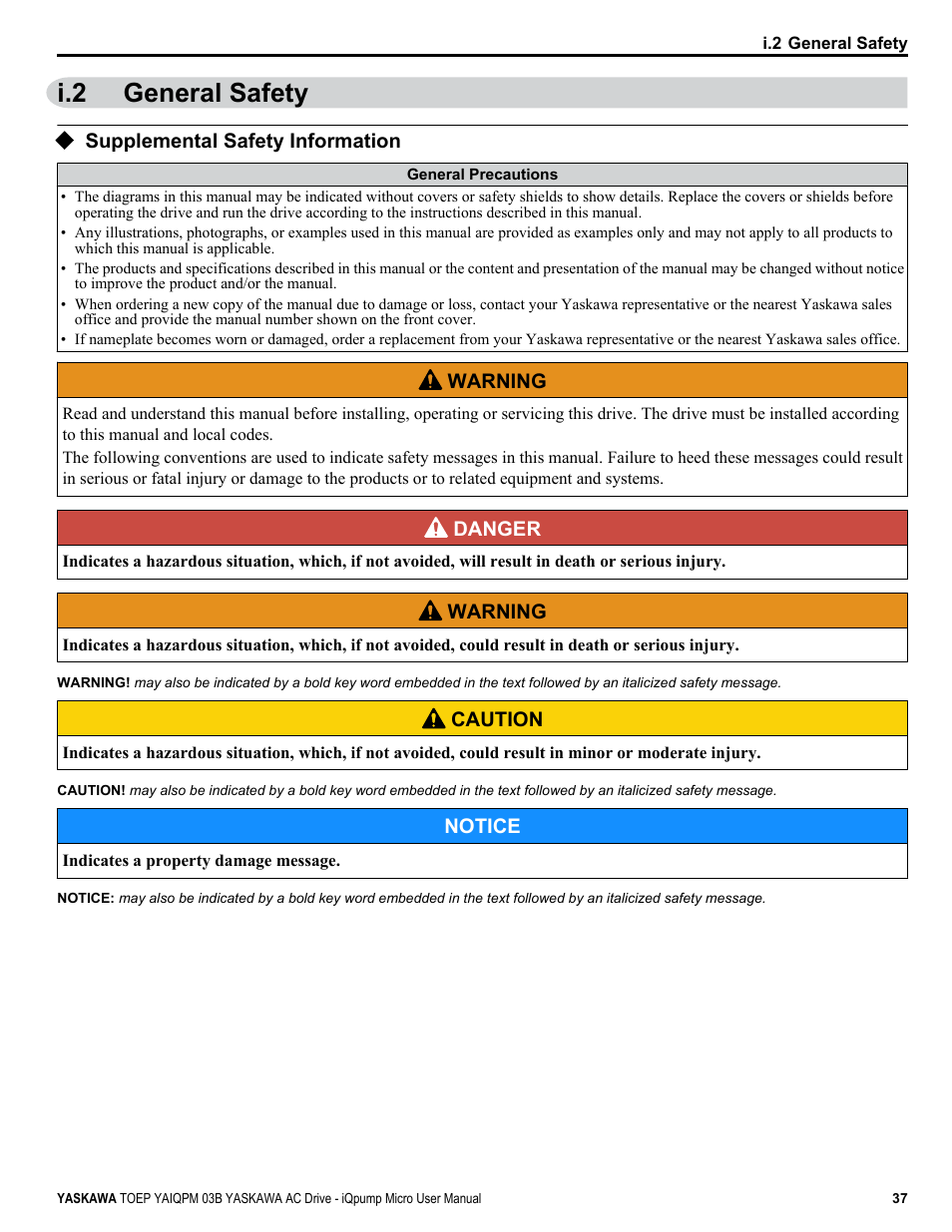 General safety, Supplemental safety information, I.2 general safety | Yaskawa iQpump Micro User Manual | Page 37 / 300