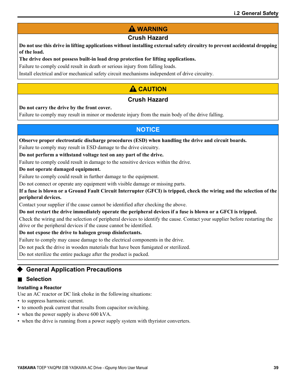 General application precautions | Yaskawa iQpump Micro User Manual | Page 39 / 300