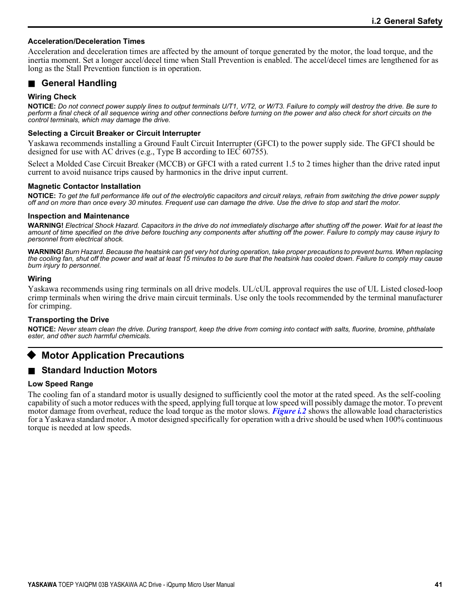 Motor application precautions | Yaskawa iQpump Micro User Manual | Page 41 / 300