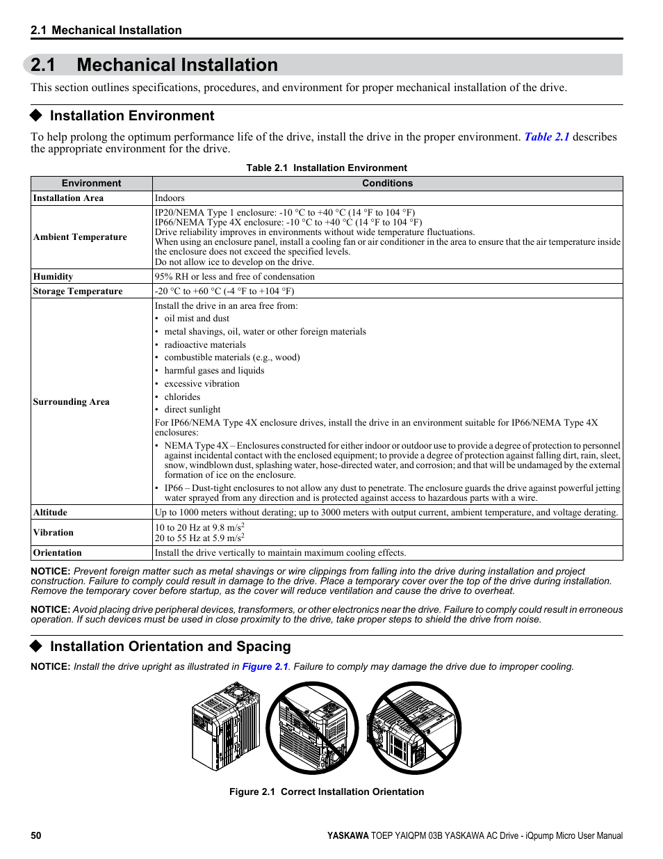 Mechanical installation, Installation environment, Installation orientation and spacing | 1 mechanical installation | Yaskawa iQpump Micro User Manual | Page 50 / 300