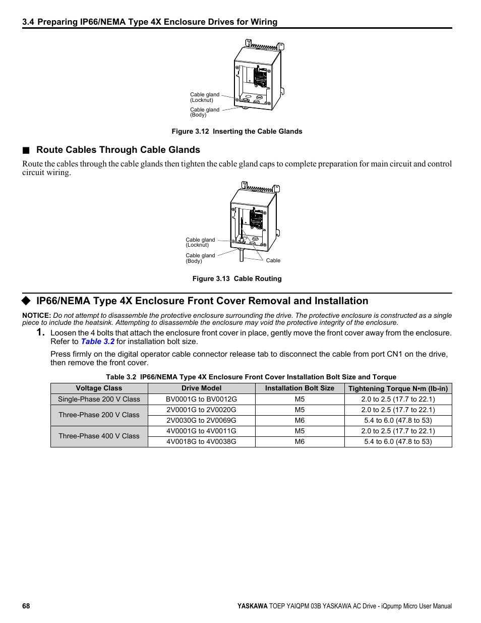 Route cables through cable glands | Yaskawa iQpump Micro User Manual | Page 68 / 300