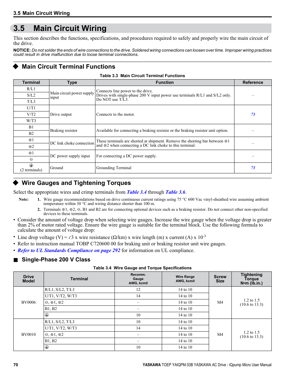 Main circuit wiring, Main circuit terminal functions, Wire gauges and tightening torques | 5 main circuit wiring | Yaskawa iQpump Micro User Manual | Page 70 / 300