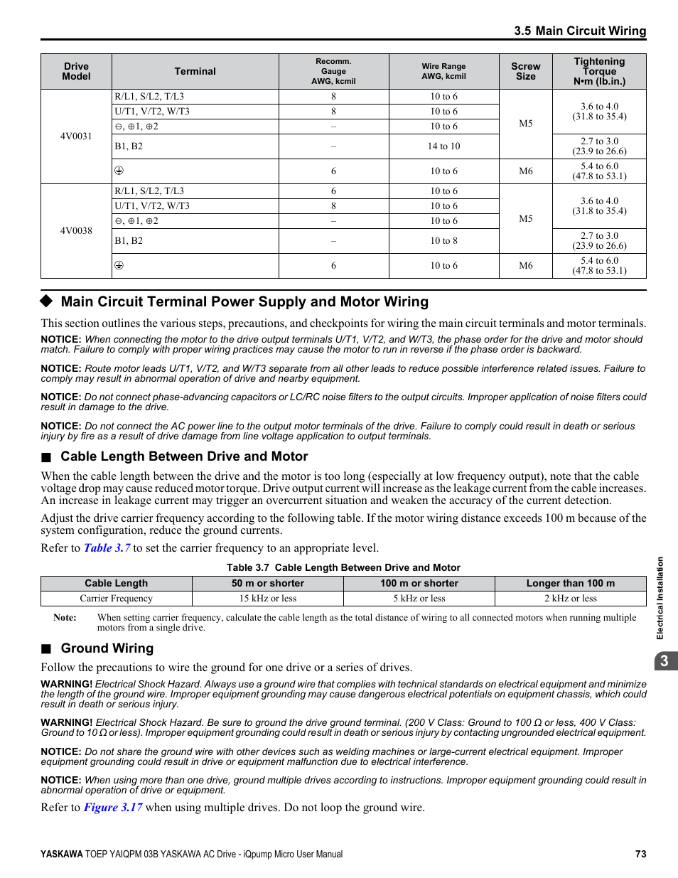 Main circuit terminal power | Yaskawa iQpump Micro User Manual | Page 73 / 300