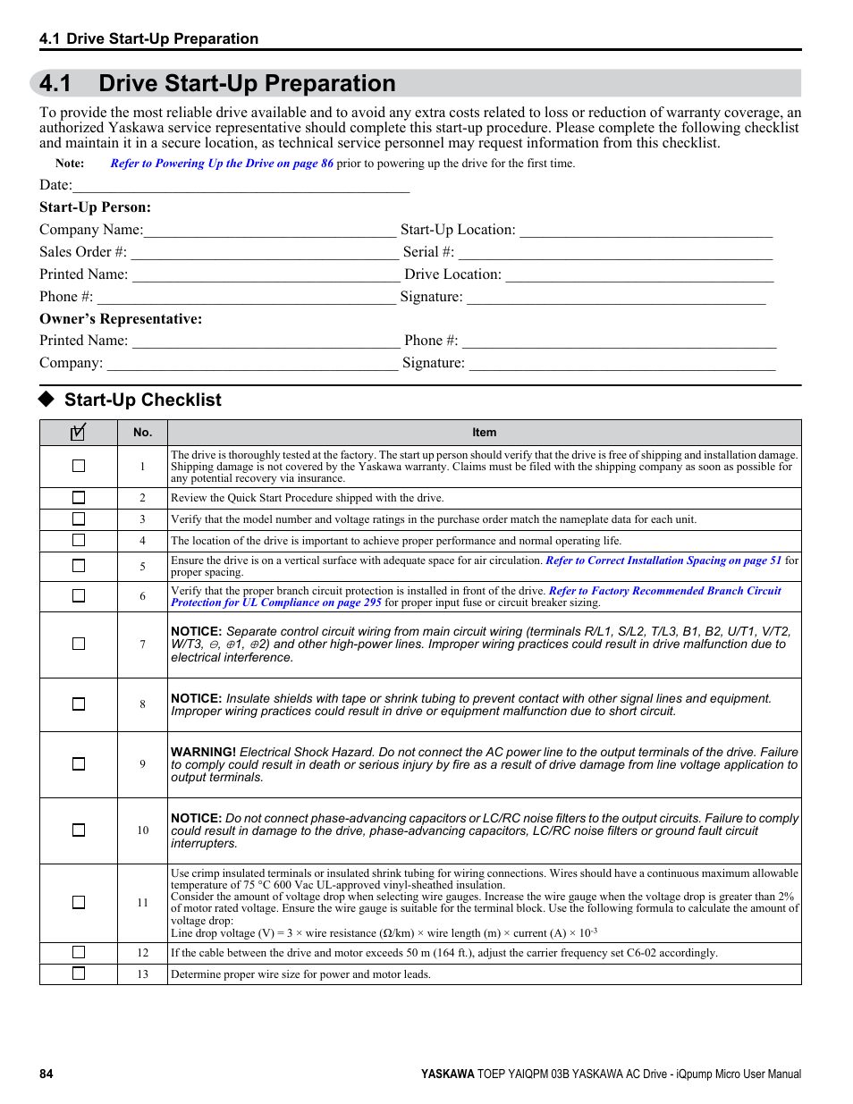Drive start-up preparation, Start-up checklist, 1 drive start-up preparation | Yaskawa iQpump Micro User Manual | Page 84 / 300
