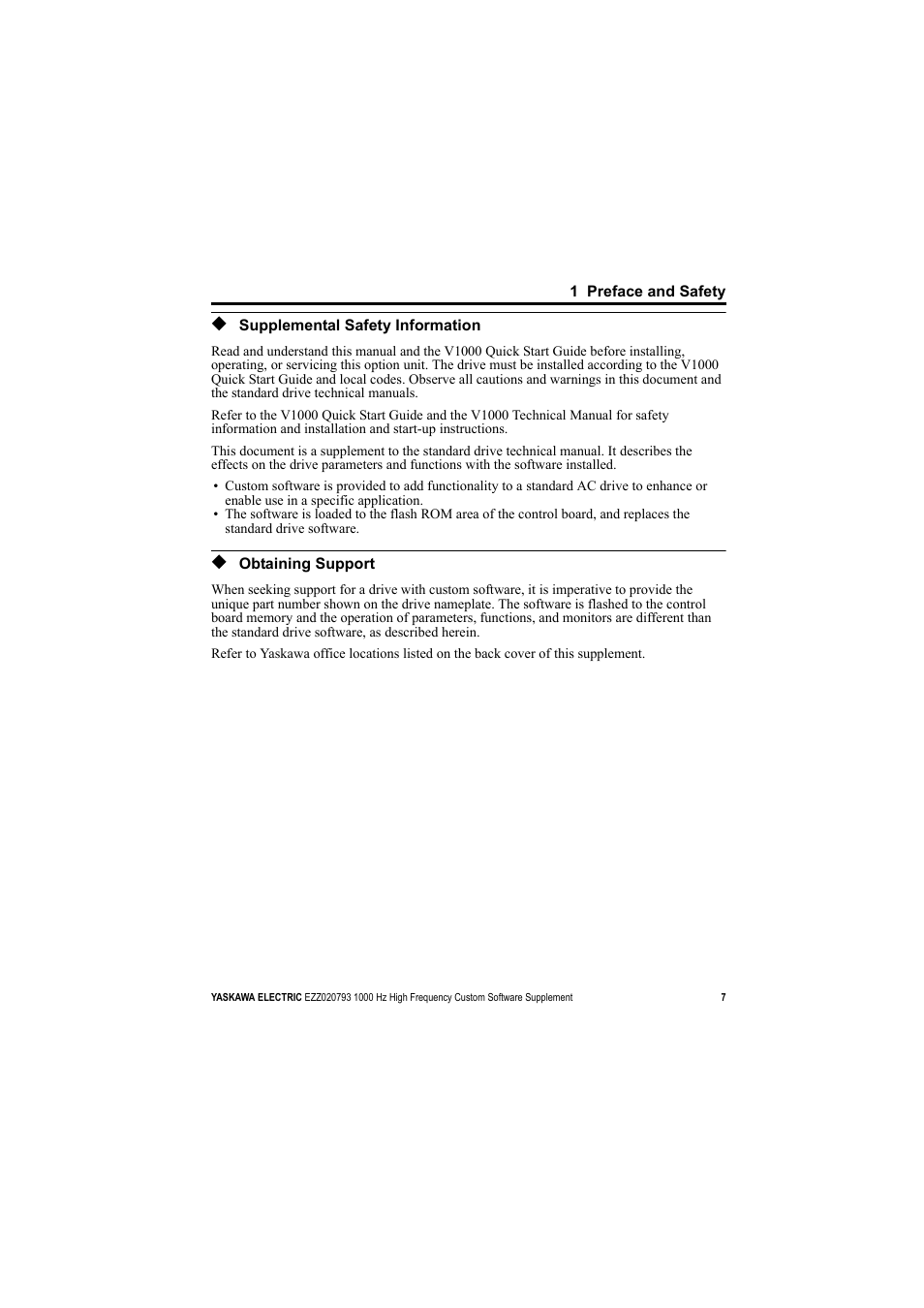 Supplemental safety information, Obtaining support | Yaskawa 1000 Hz High Frequency User Manual | Page 7 / 18