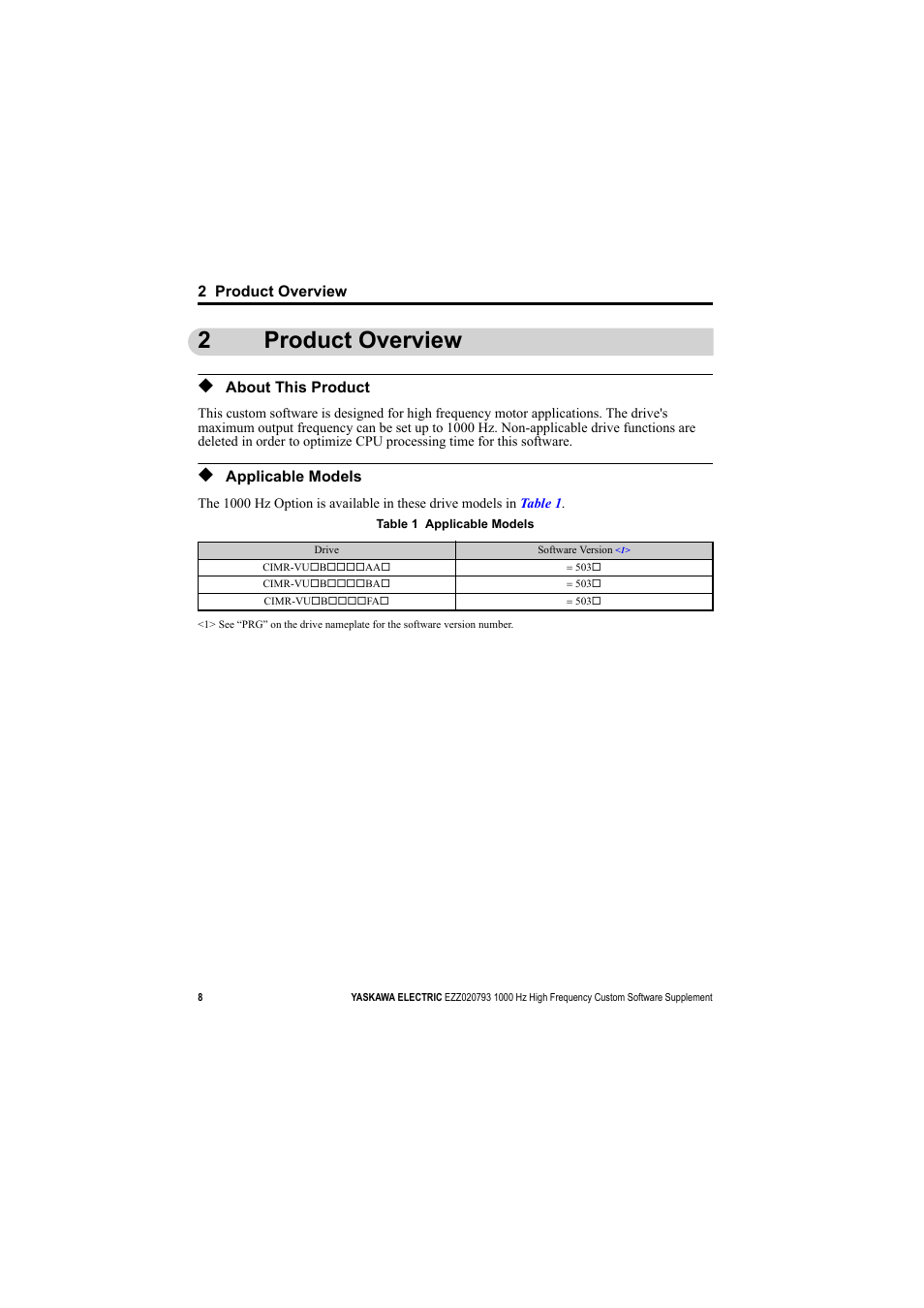 2 product overview, About this product, Applicable models | 2product overview | Yaskawa 1000 Hz High Frequency User Manual | Page 8 / 18