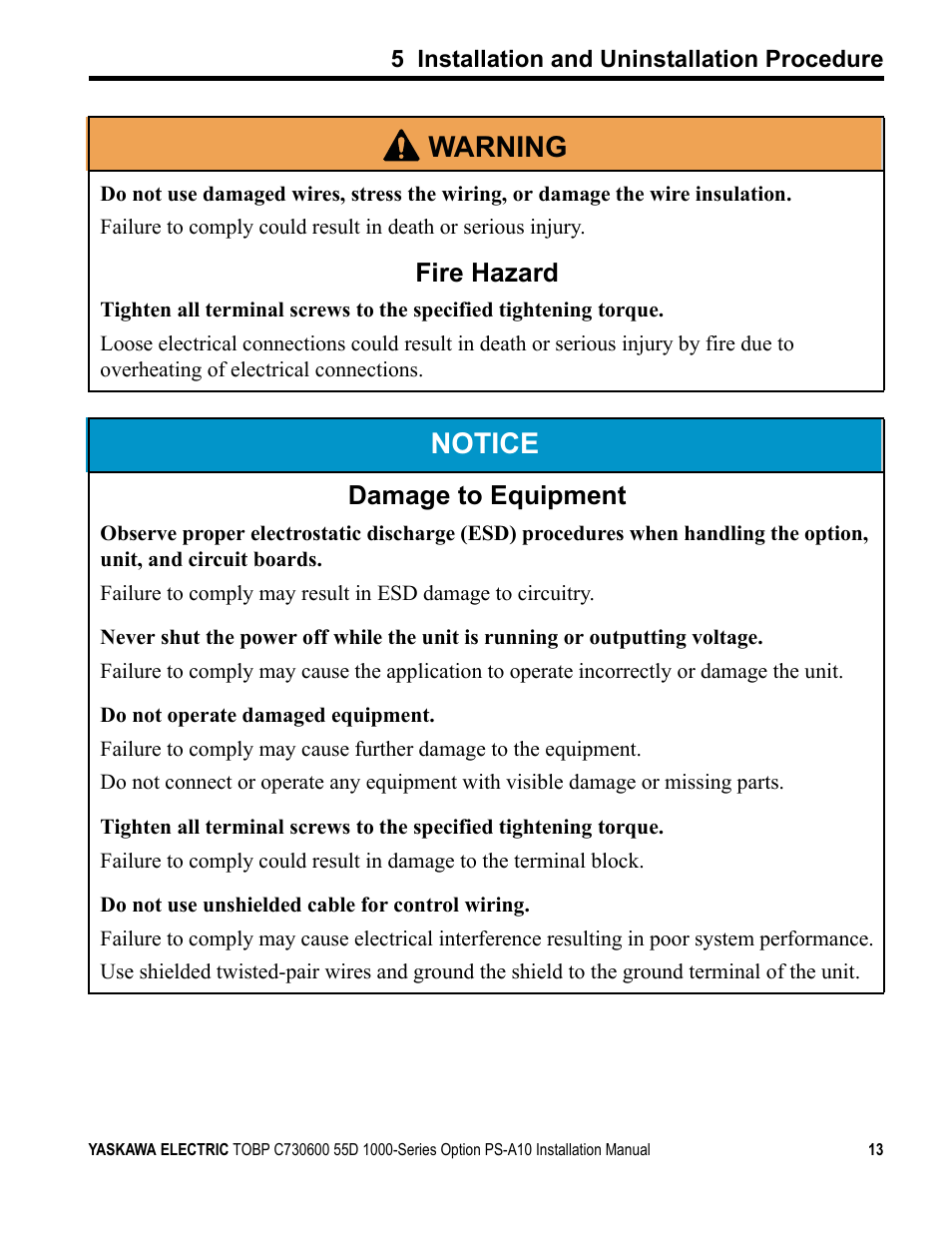 Notice, W arning, Fire hazard | Damage to equipment | Yaskawa 1000 Series Drive Option User Manual | Page 13 / 39